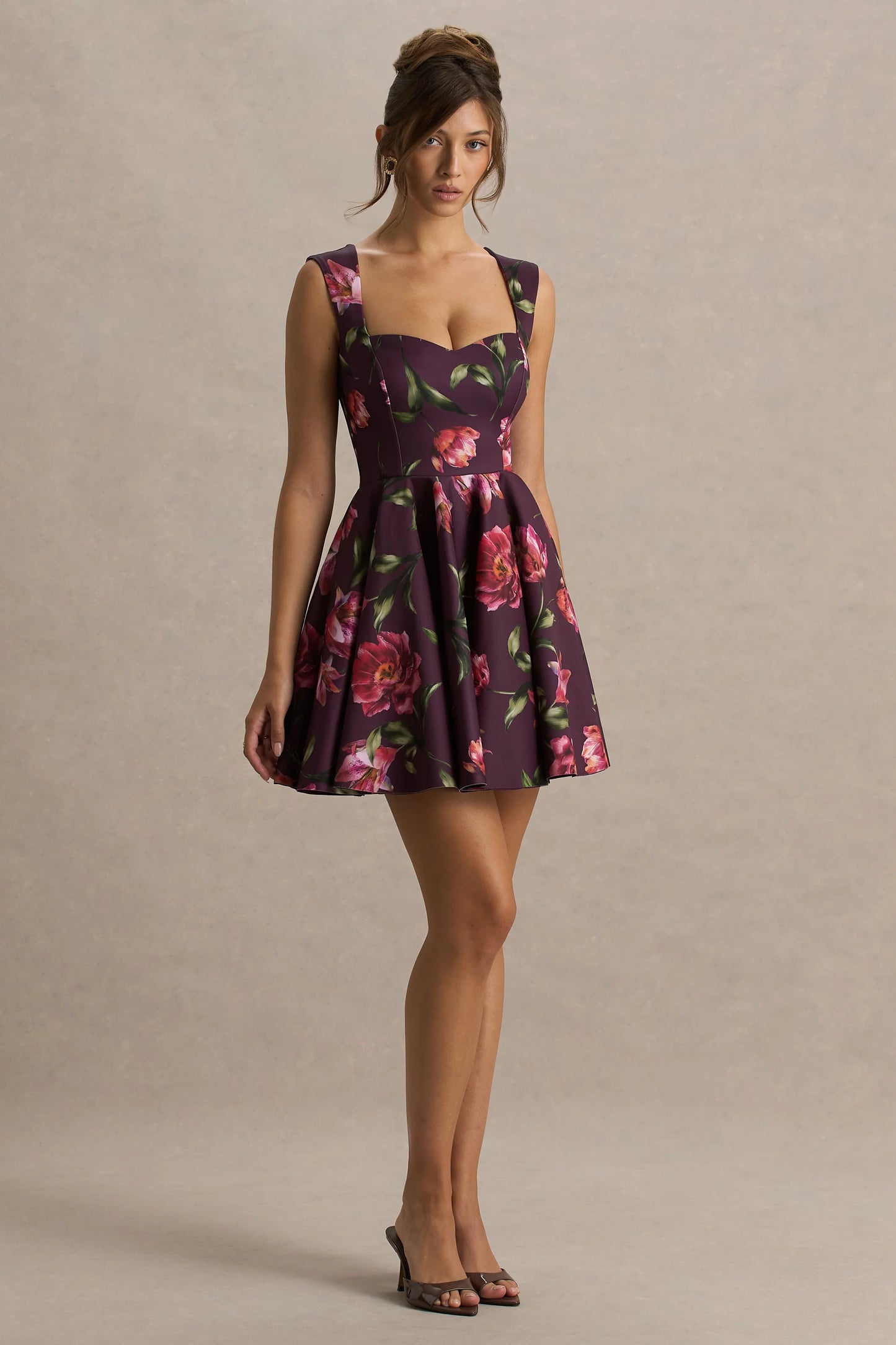 Magic Burgundy Floral Print Sweetheart-Neck Mini Dress.