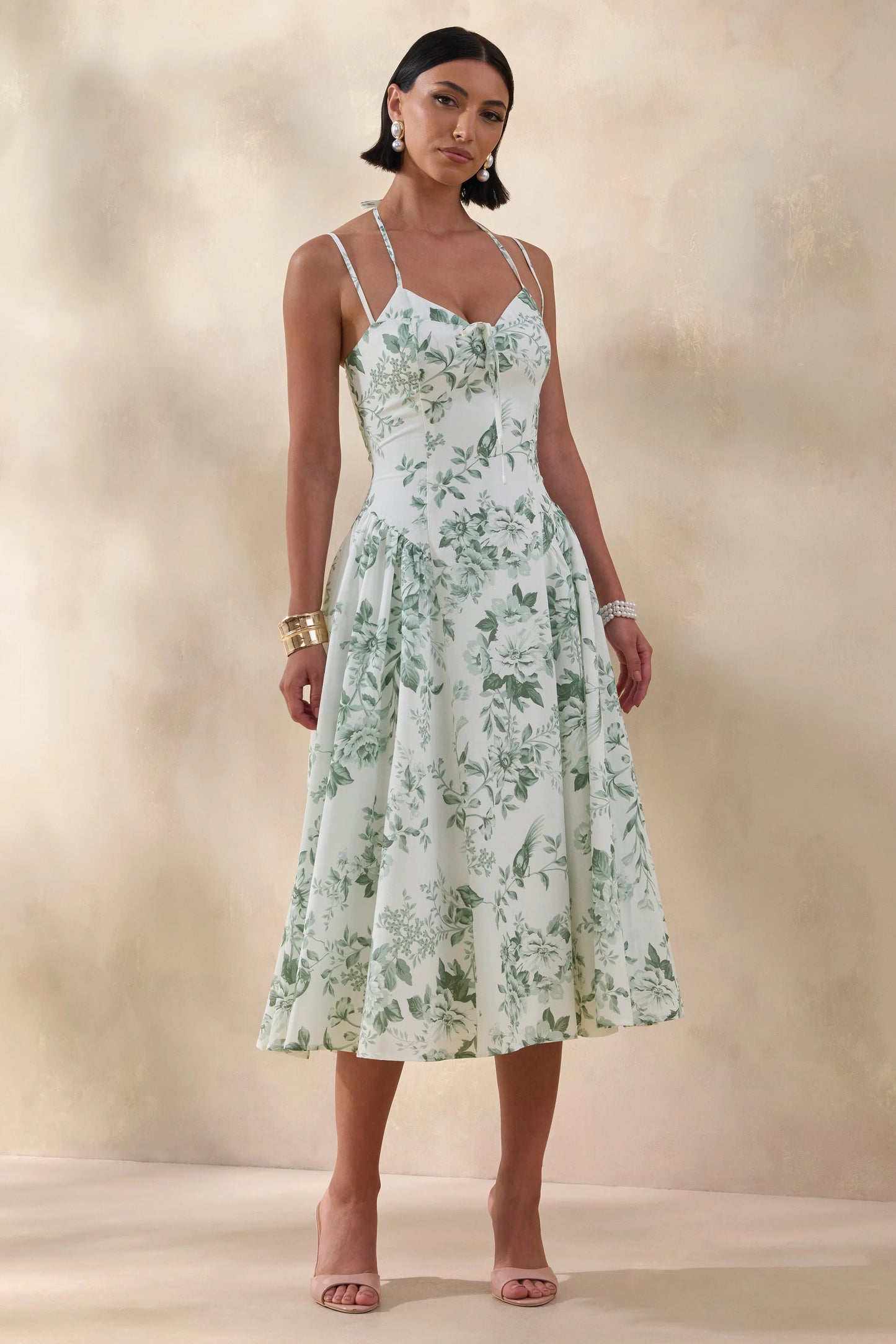 Audrey Green Floral Print Sweetheart-Neck Midi Dress With Ruching Detail