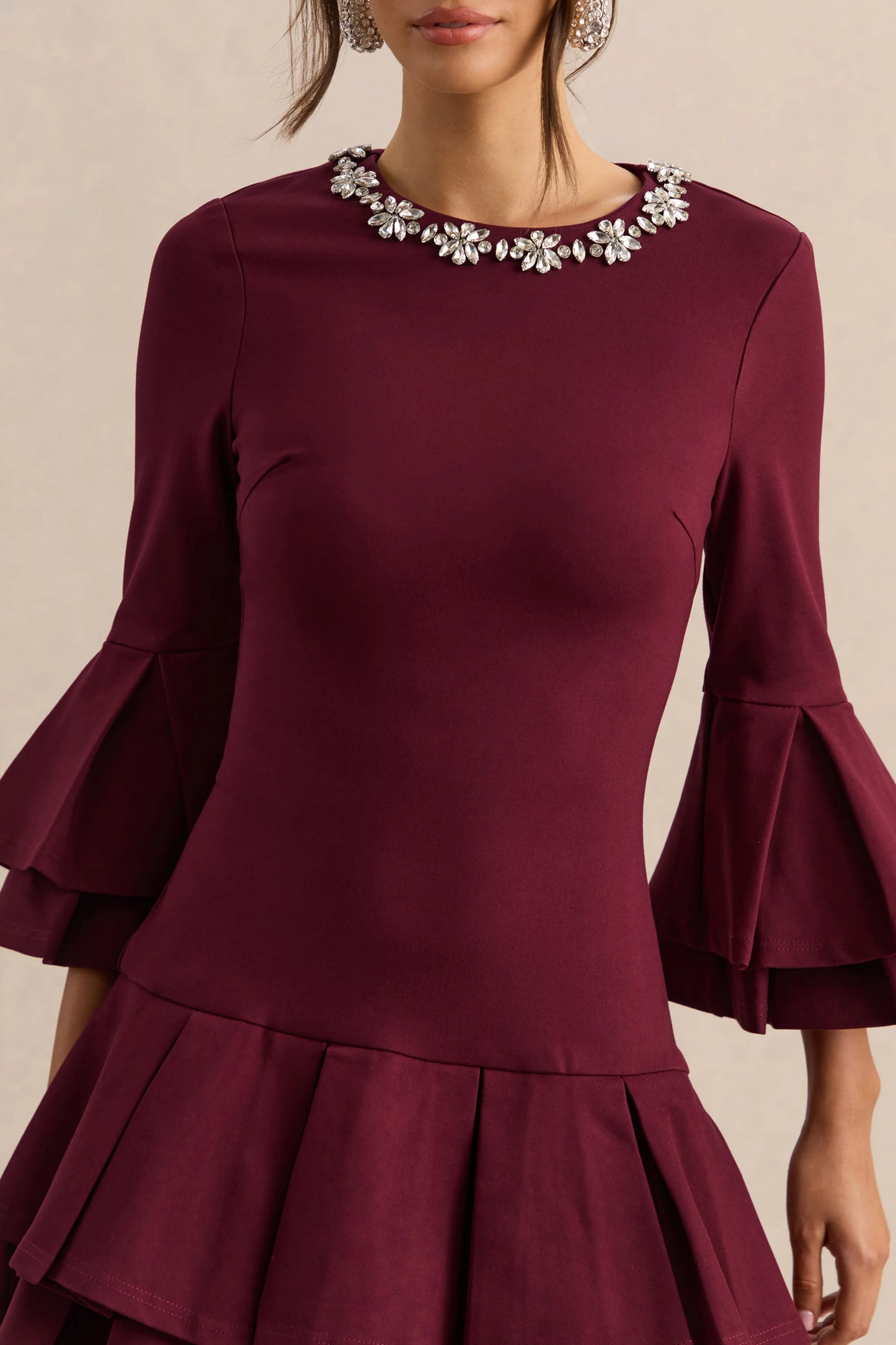 Mirna Burgundy Crew-Neck Mini Dress With Bell Sleeves And Ruffled Detailing
