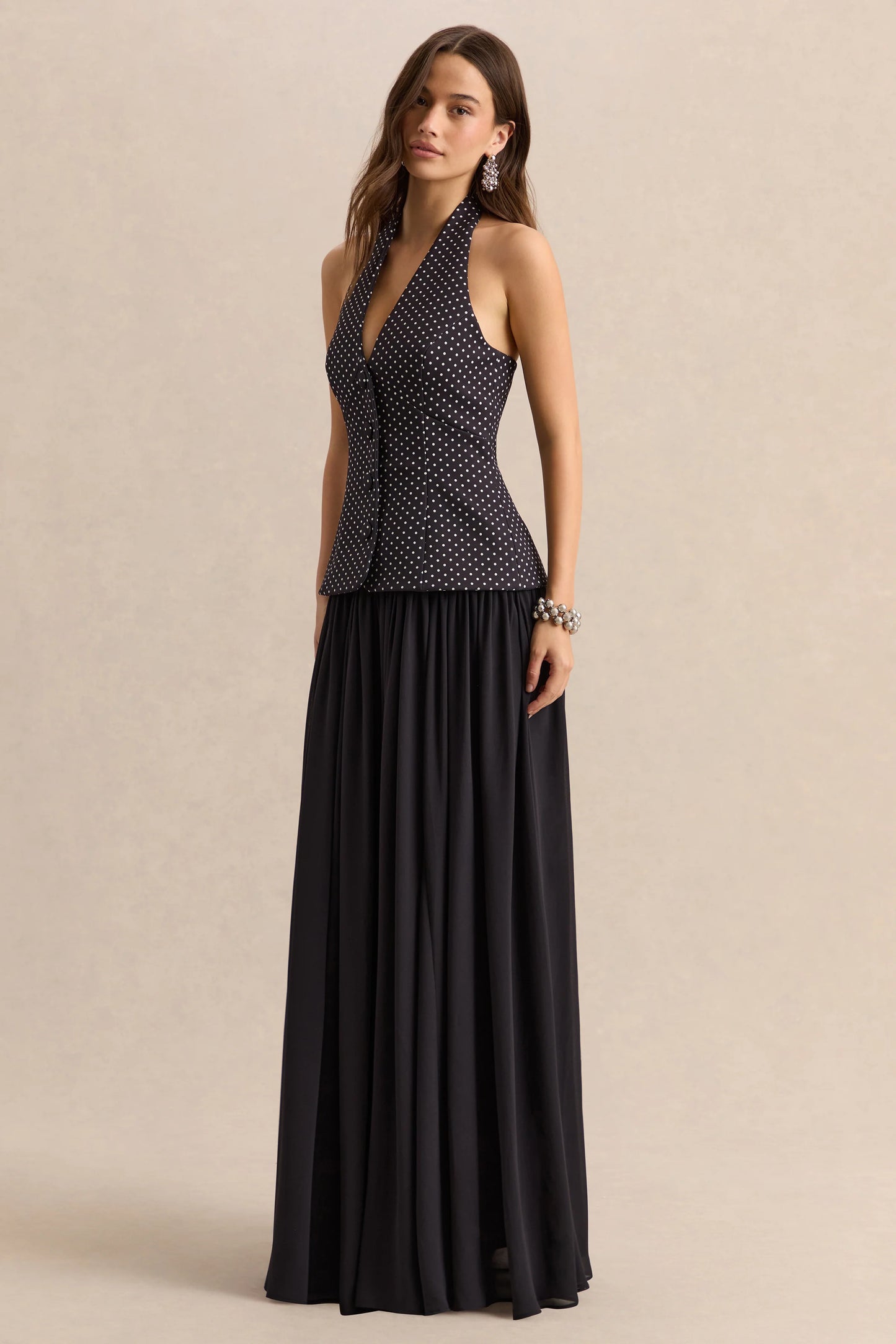 Zarina Black & White Polka-Dot Plunge-Neck Maxi Dress