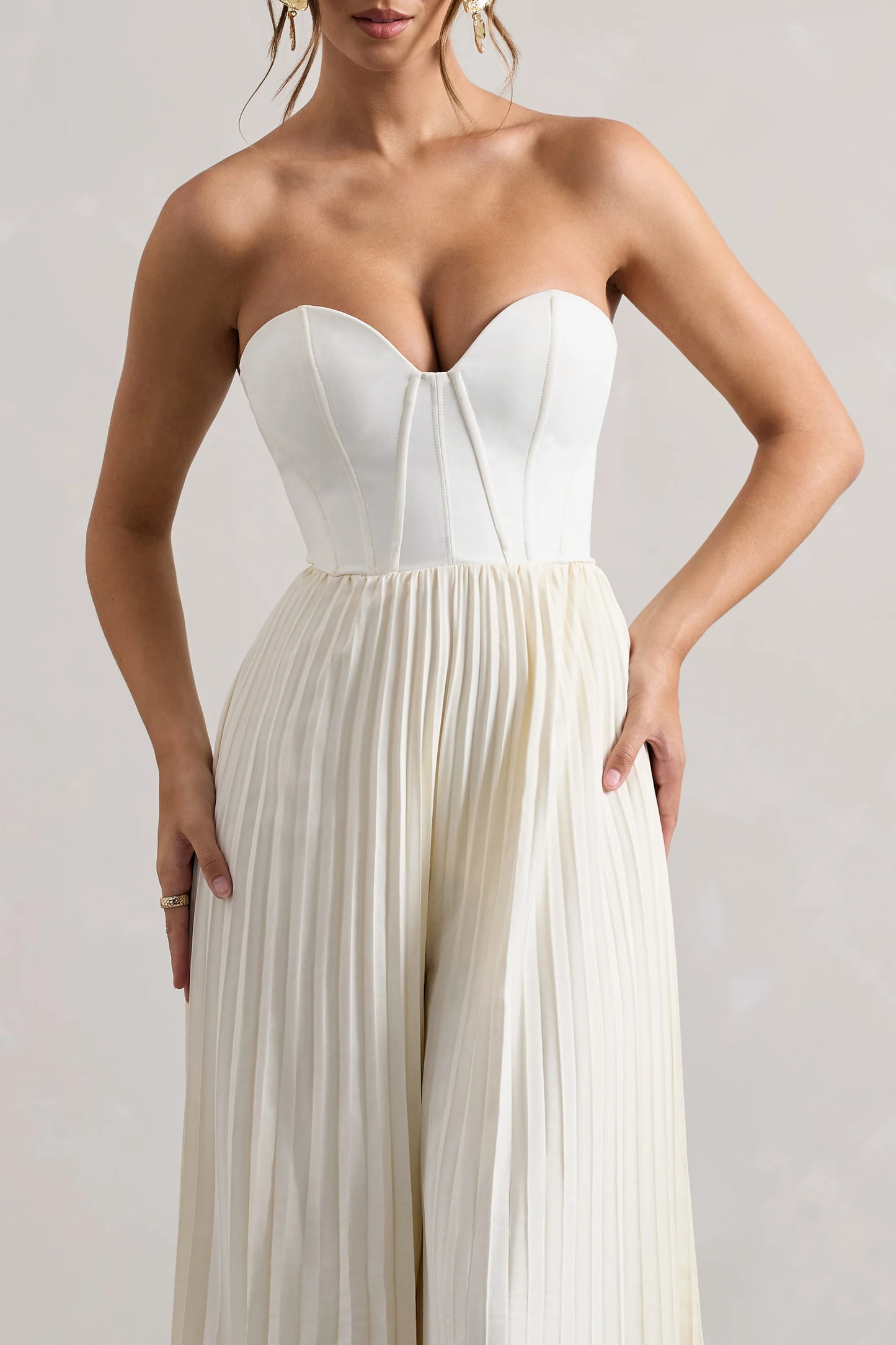 Lorelai Cream Corset Plisse Wide-Leg Jumpsuit