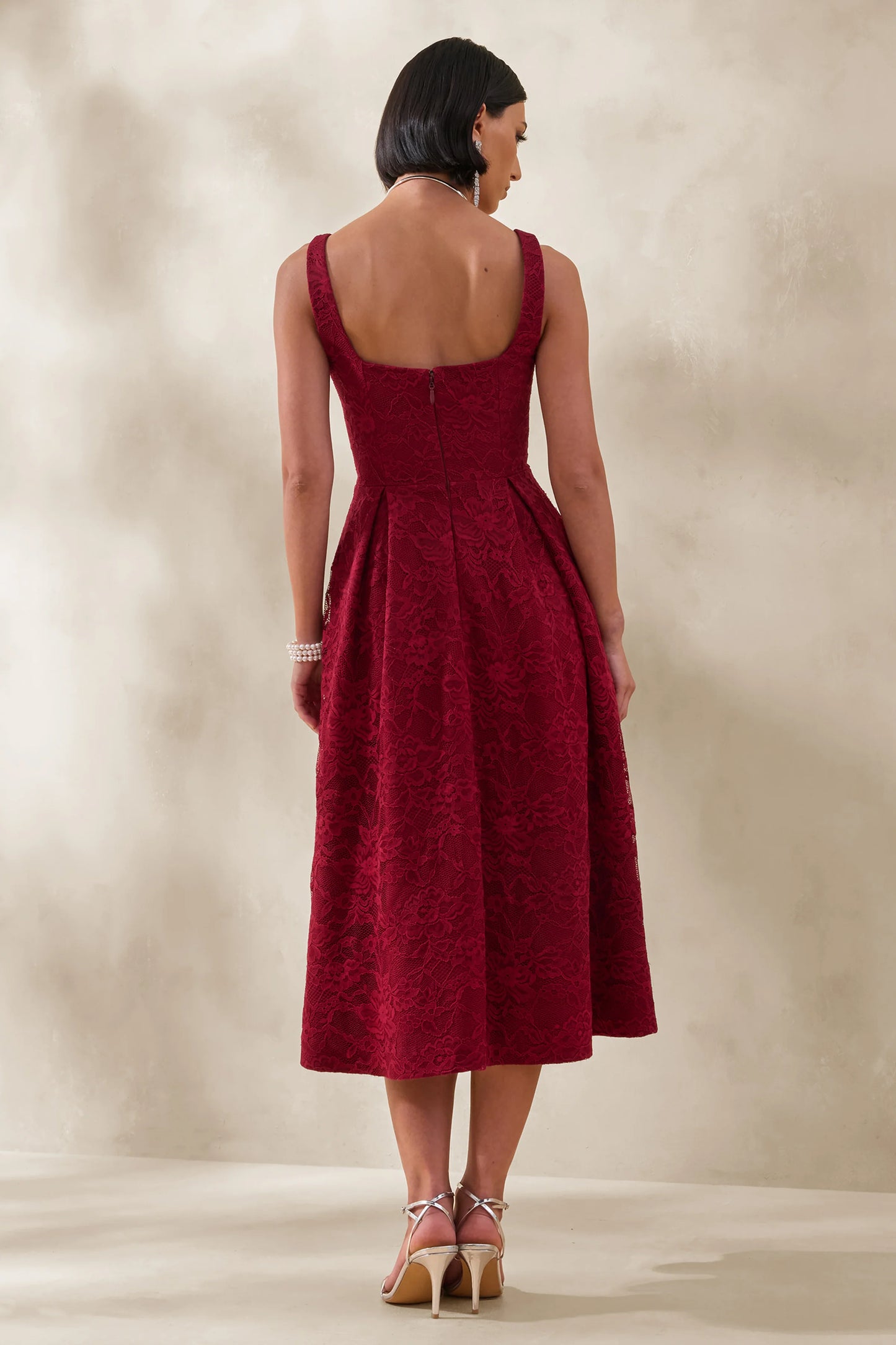 Ashmara Burgundy Lace Square-Neck Midi Dress