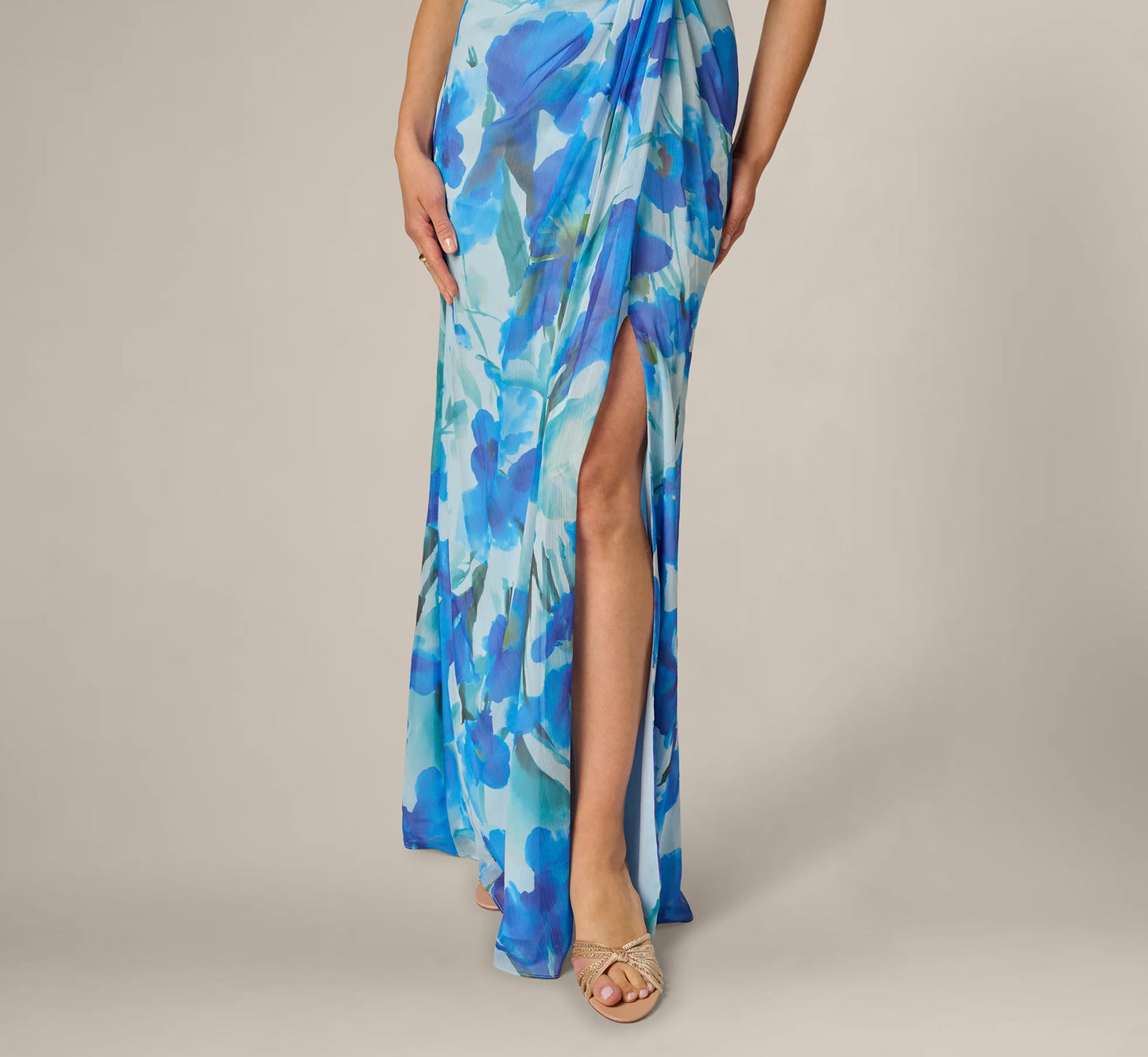 One Shoulder Floral Chiffon Draped Gown In Blue Multi