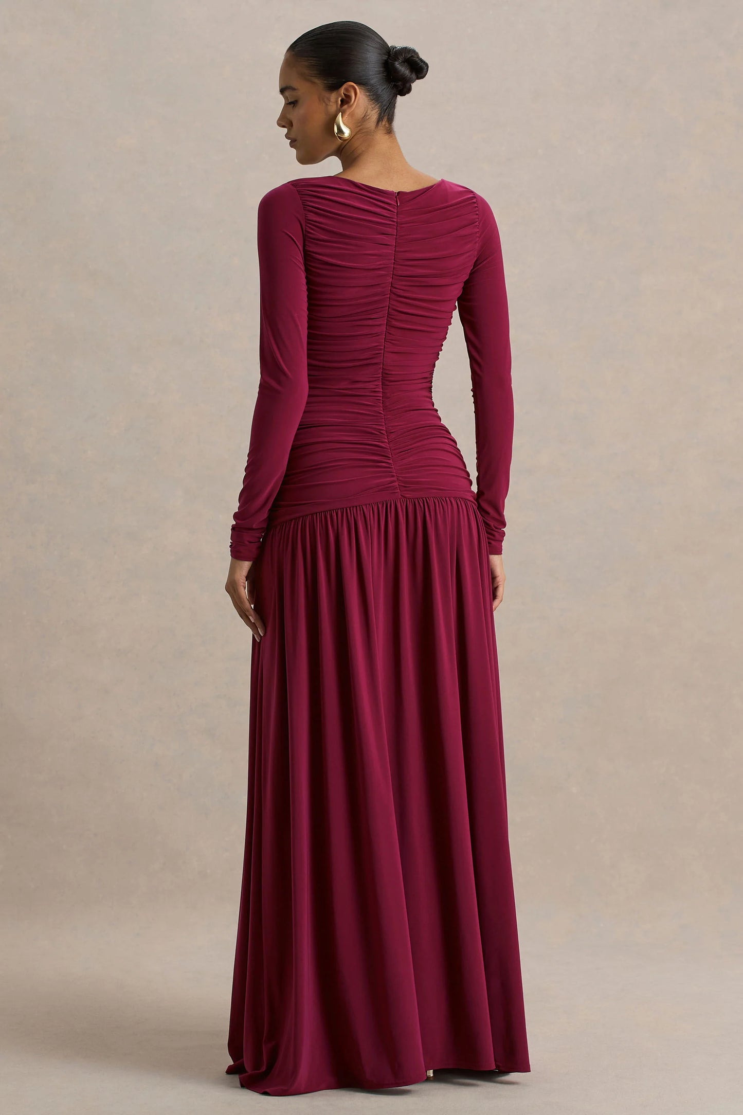 Aniyah Burgundy Slashed-Neck Maxi Dress With Ruched Detailing