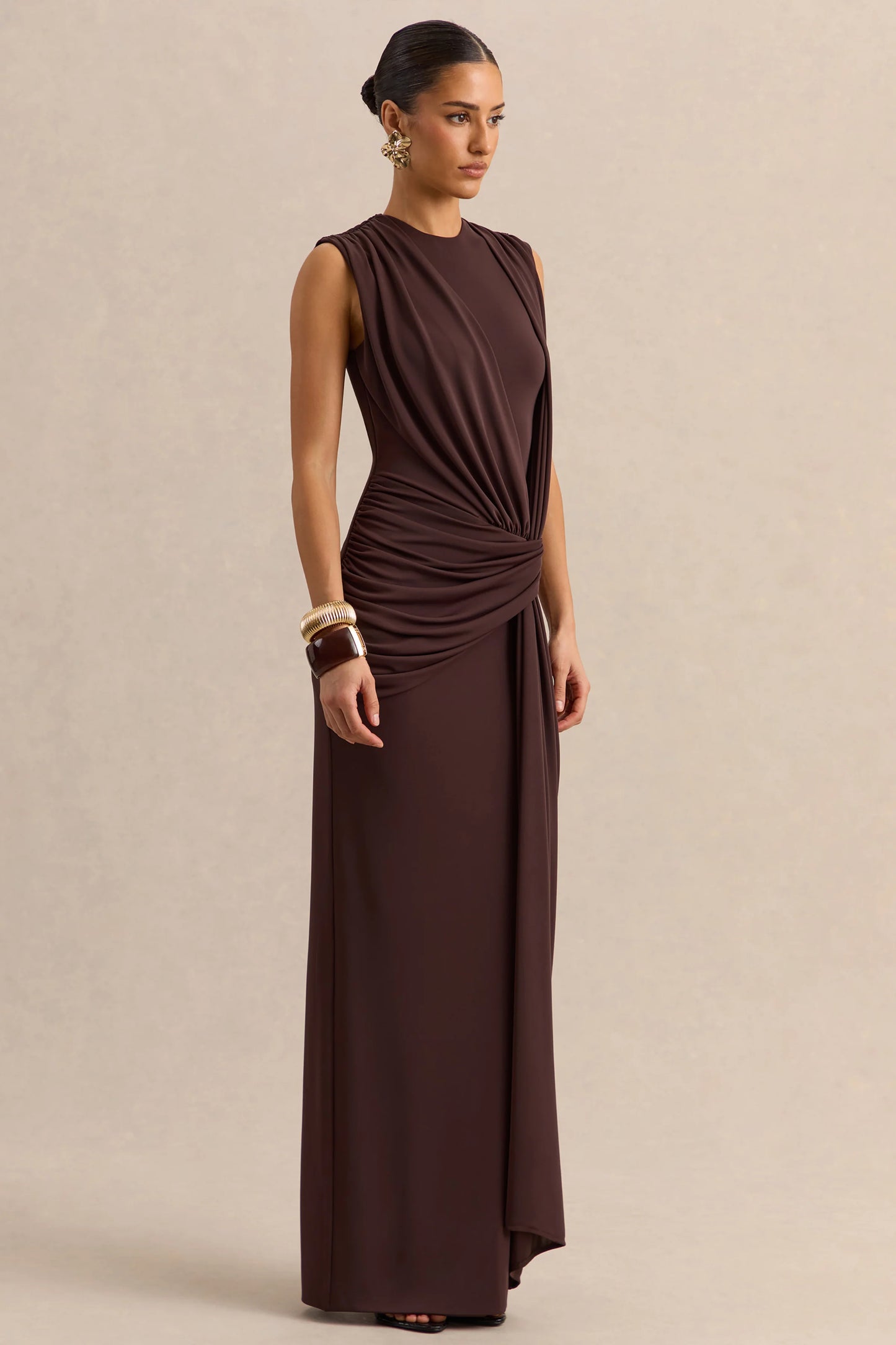 Blythia Brown Round-Neck Maxi Dress With Gathered-Detailing