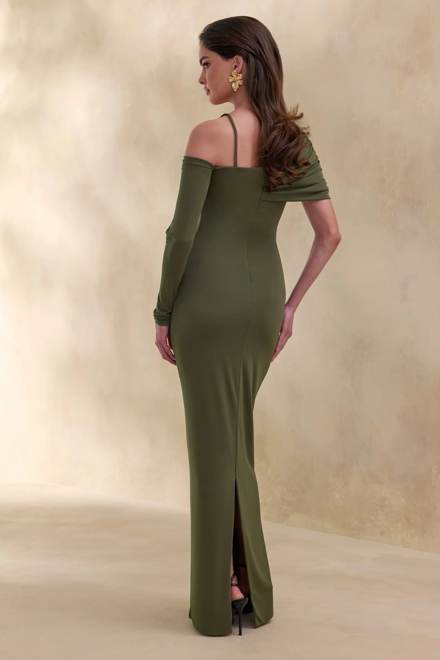 Silvaria Olive Twisted Asymmetric-Neck Maxi Dress