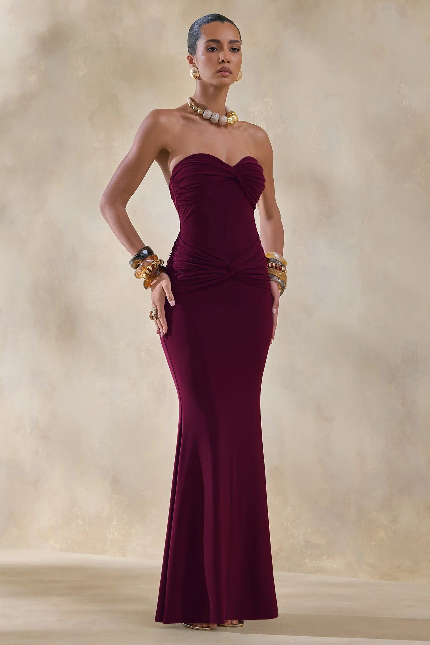Elodia Burgundy Bandeau Maxi Dress With Gathered-Detailing