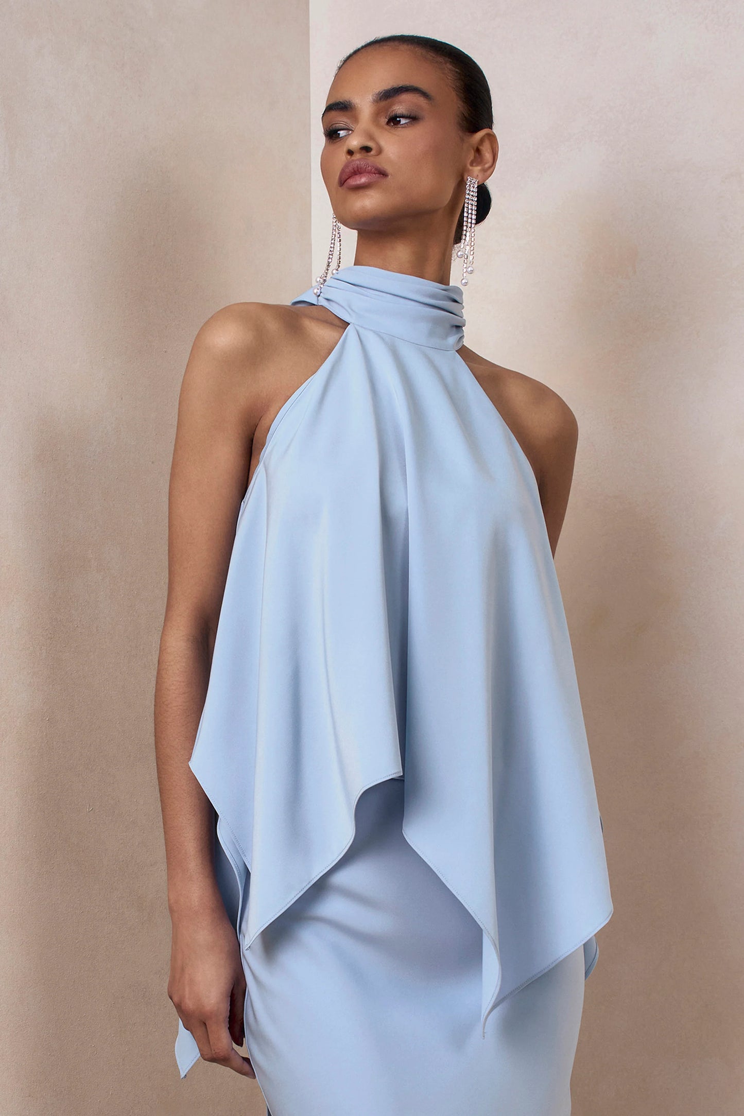 Sancelle Powder Blue Matte Satin Halter-Neck Top