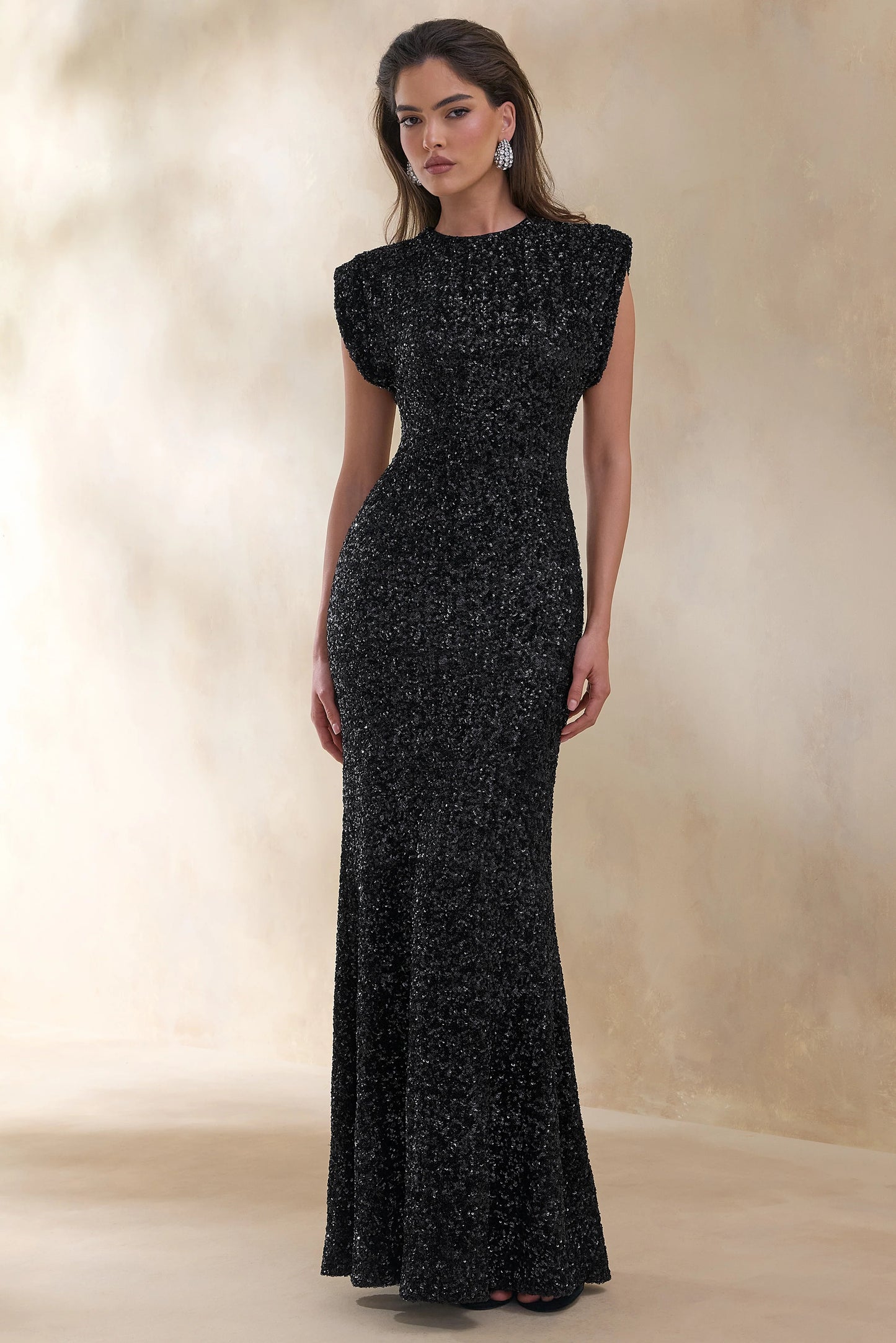 Aurah Black Sequin Crew-Neck Maxi Dress With Cap Sleeves