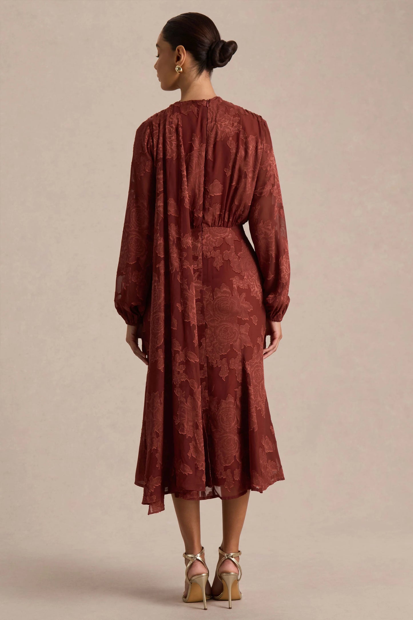 Sabina Rust Devore Plunge-Neck Midi Dress