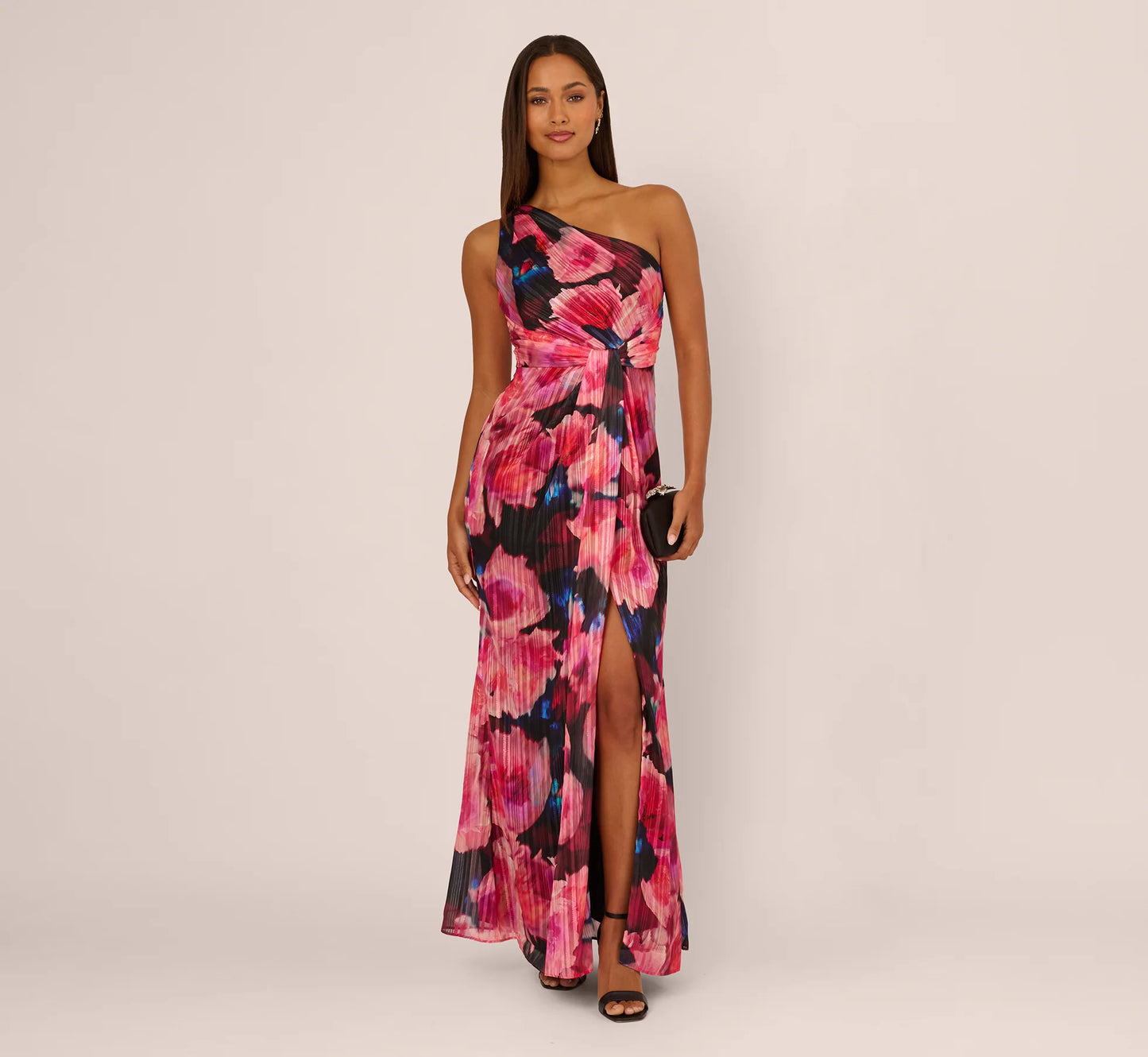 Floral Print Chiffon Gown With One Shoulder Neckline In Black Berry