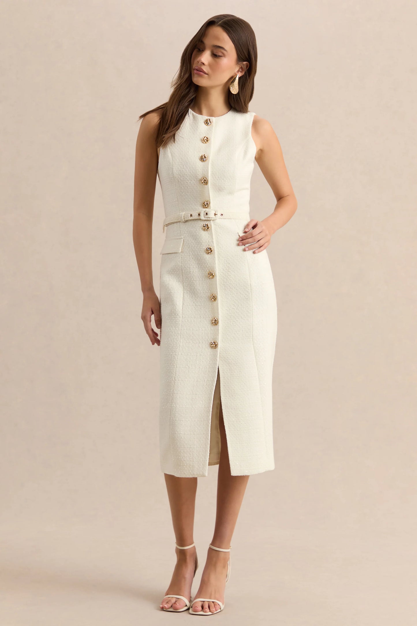 Clea Cream Crew-Neck Belted Midi Dress With Front-Pockets