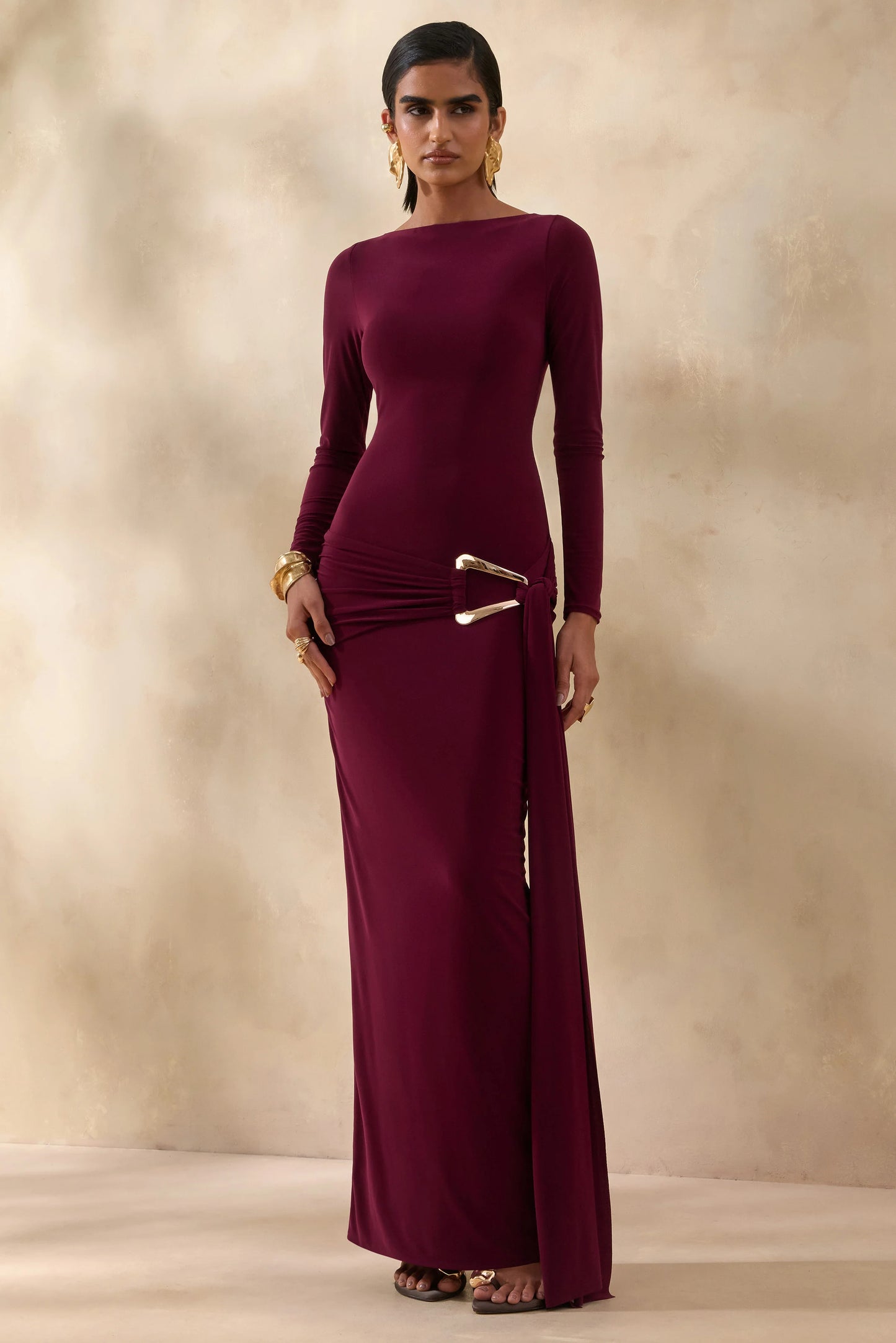 Astrielle Burgundy Wide-Neck With Gold-Detail And Sash