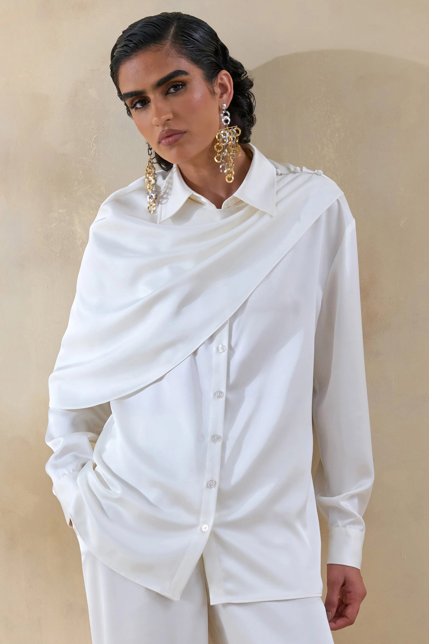 Serenza Cream Satin Collared-Shirt With Cape-Detail