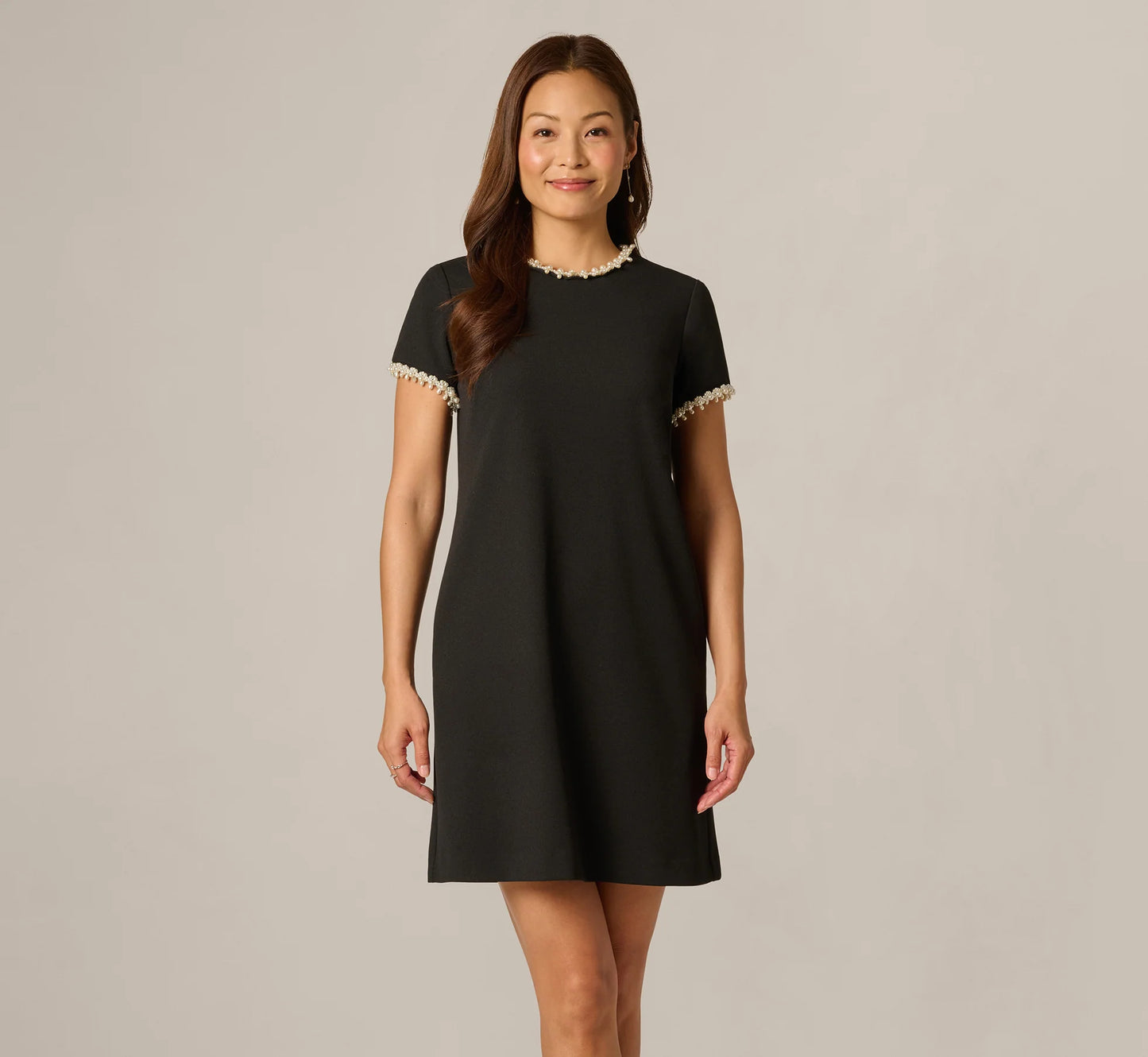 Stretch Crepe Pearly Short Shift Dress In Black Ivory