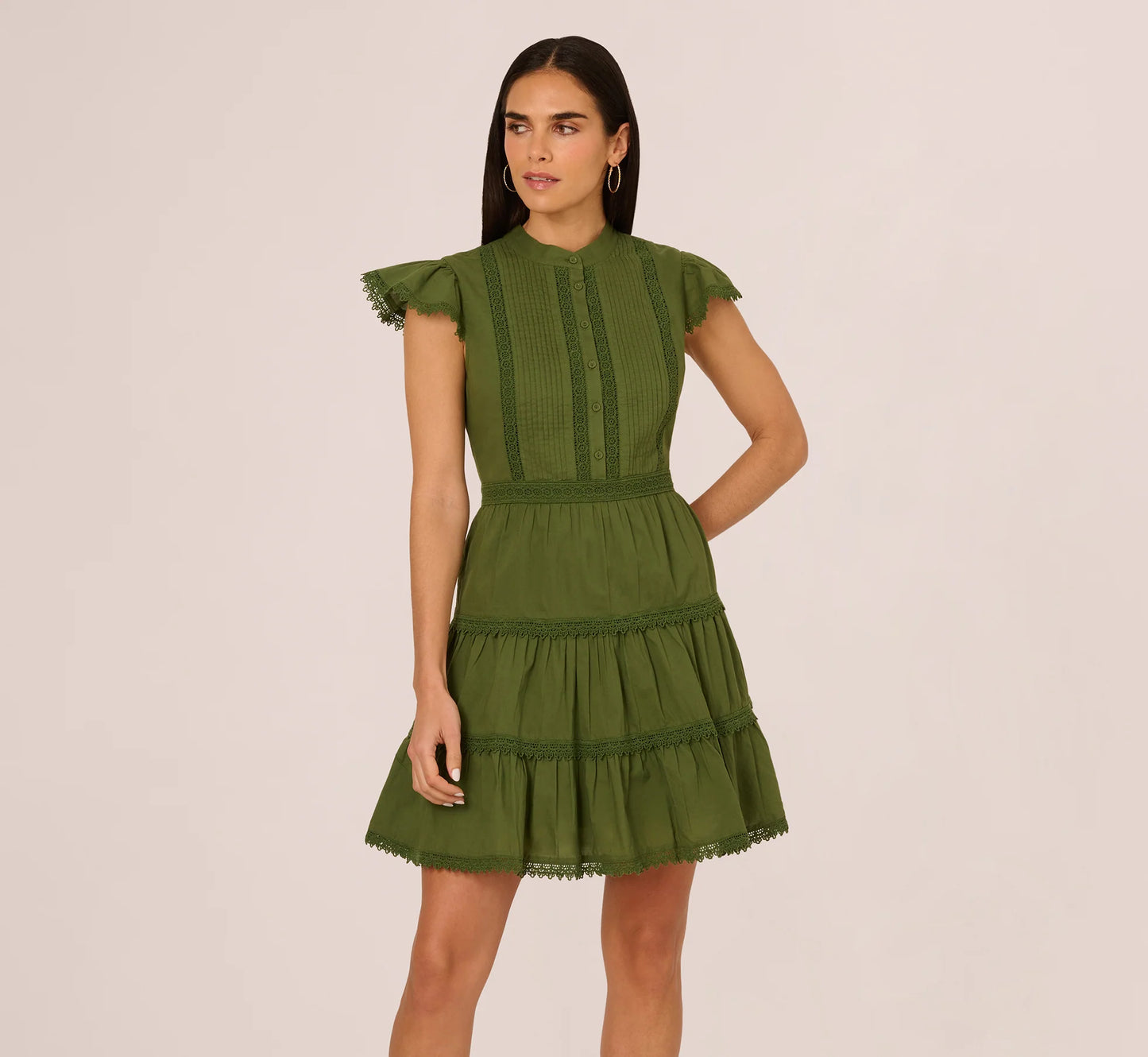 Flutter Sleeve Lace Short Cotton Dress In Olive Green
