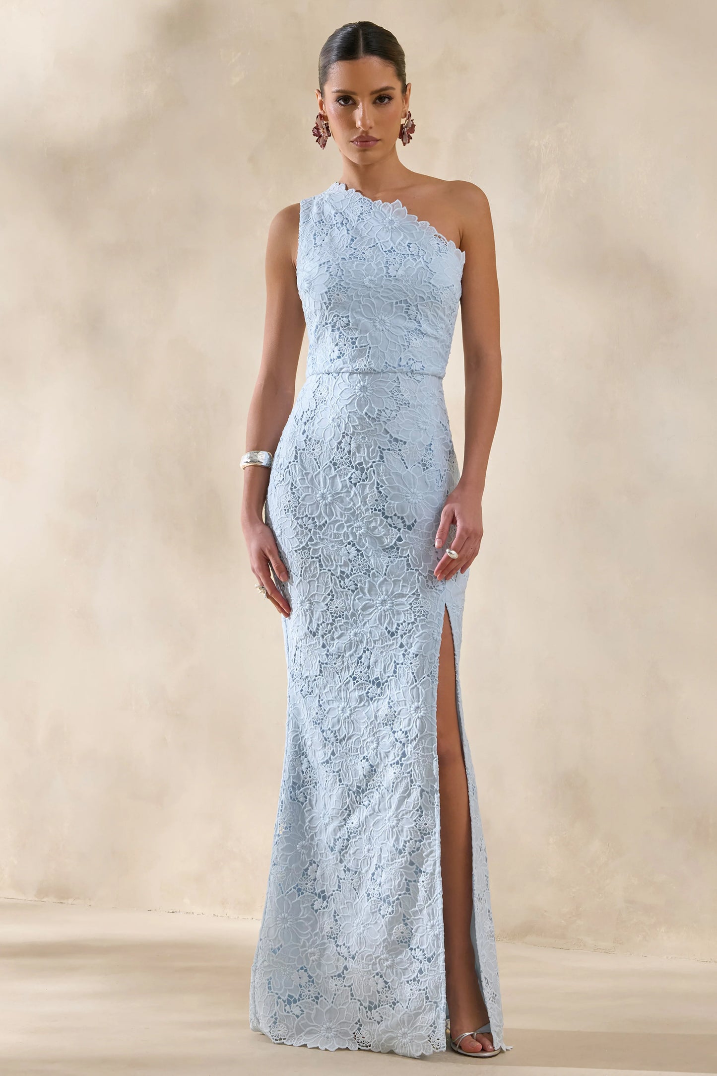 Lunia Powder Blue Broderie Asymmetric-Neck Maxi Dress