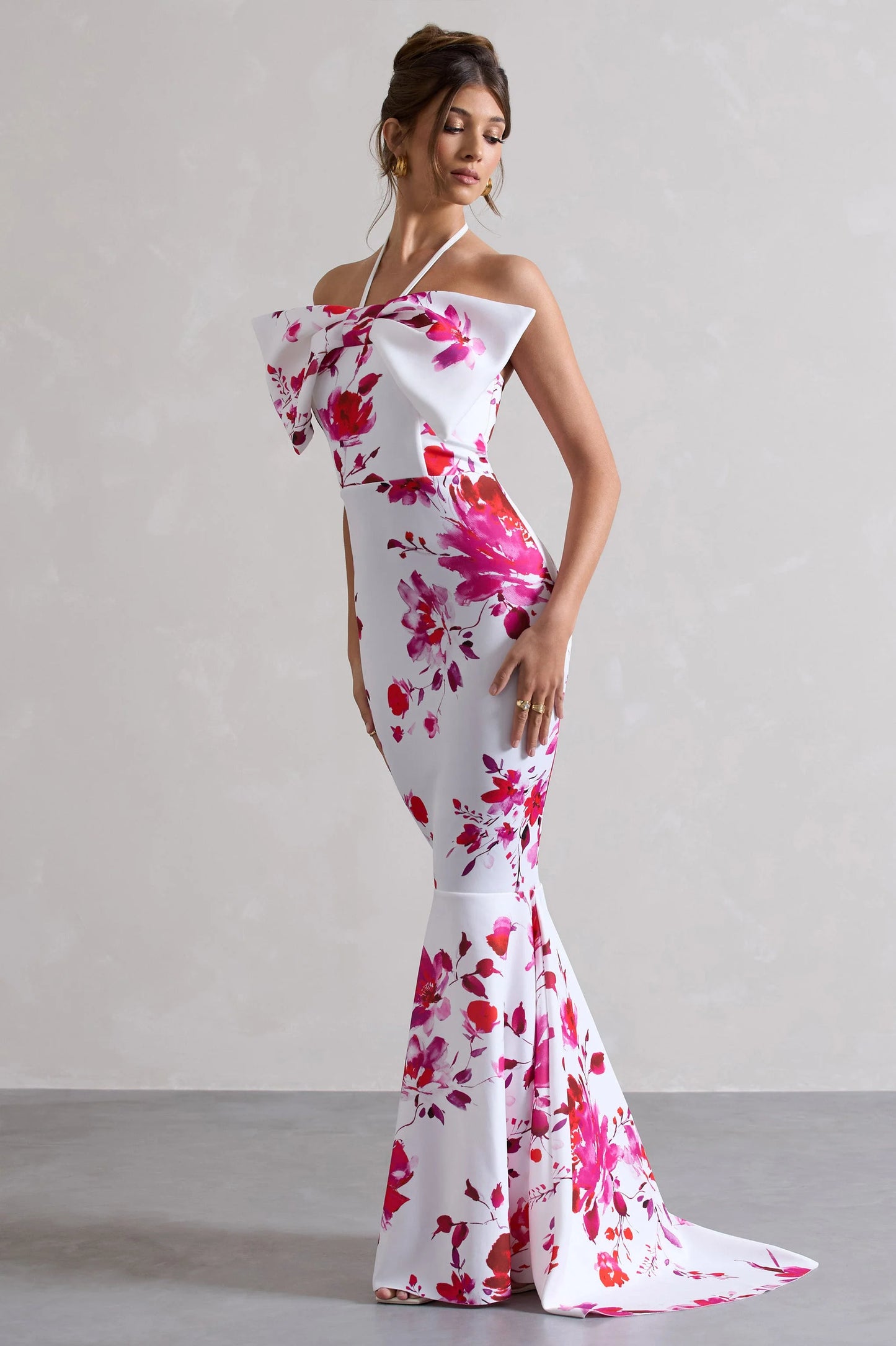 Sakura Pink Floral Print Halter-Neck Fishtail Maxi Dress With Bow