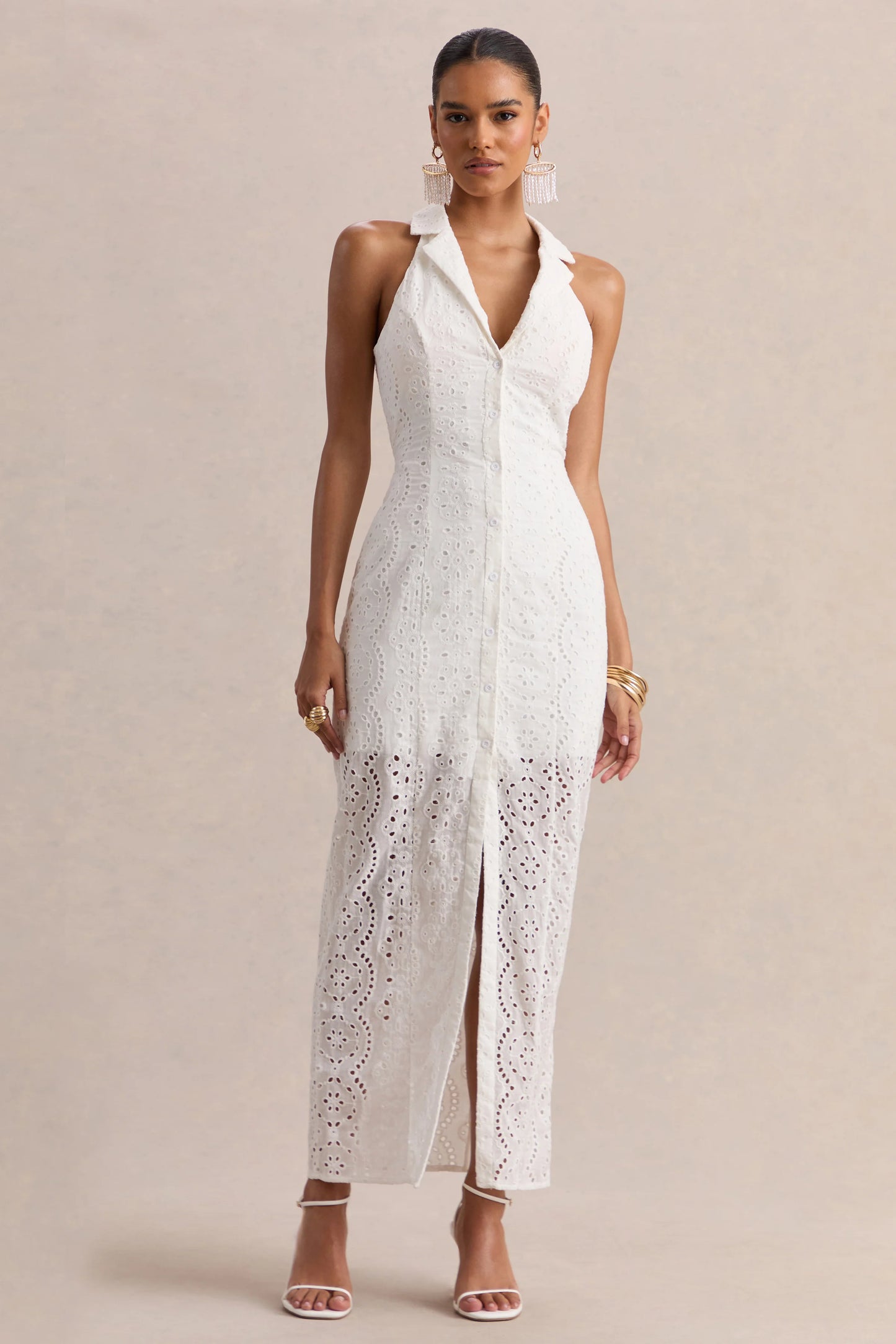 Tover White Broderie Plunge-Neck Maxi Dress