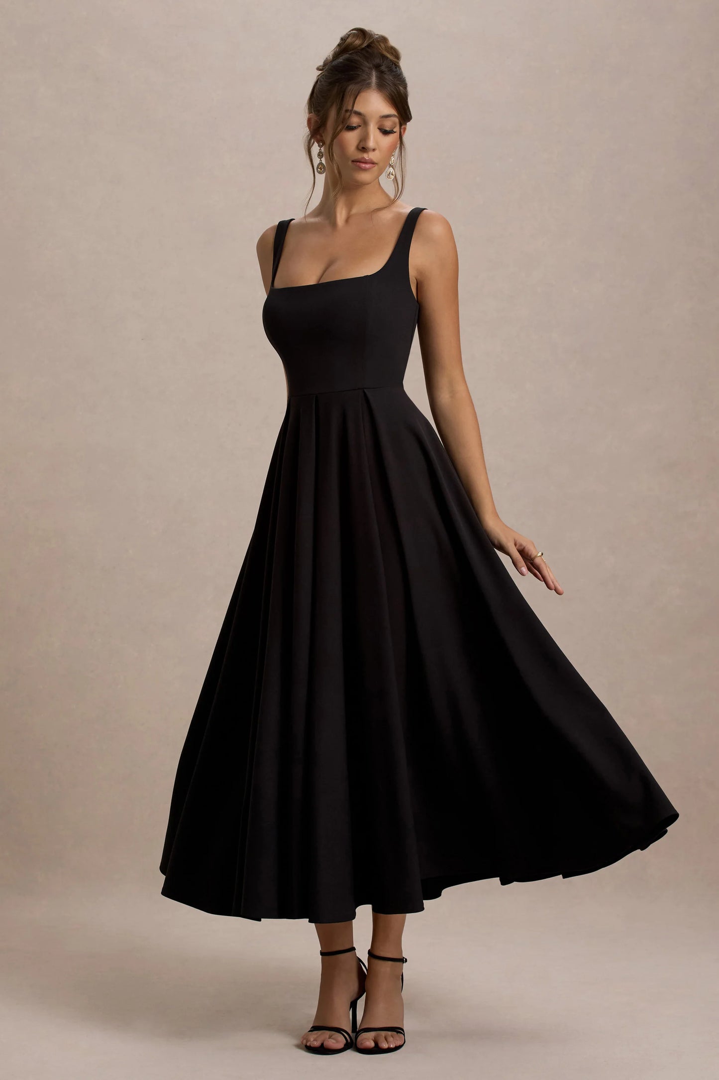 Parina Black Strappy Volume-Hem Midi Dress