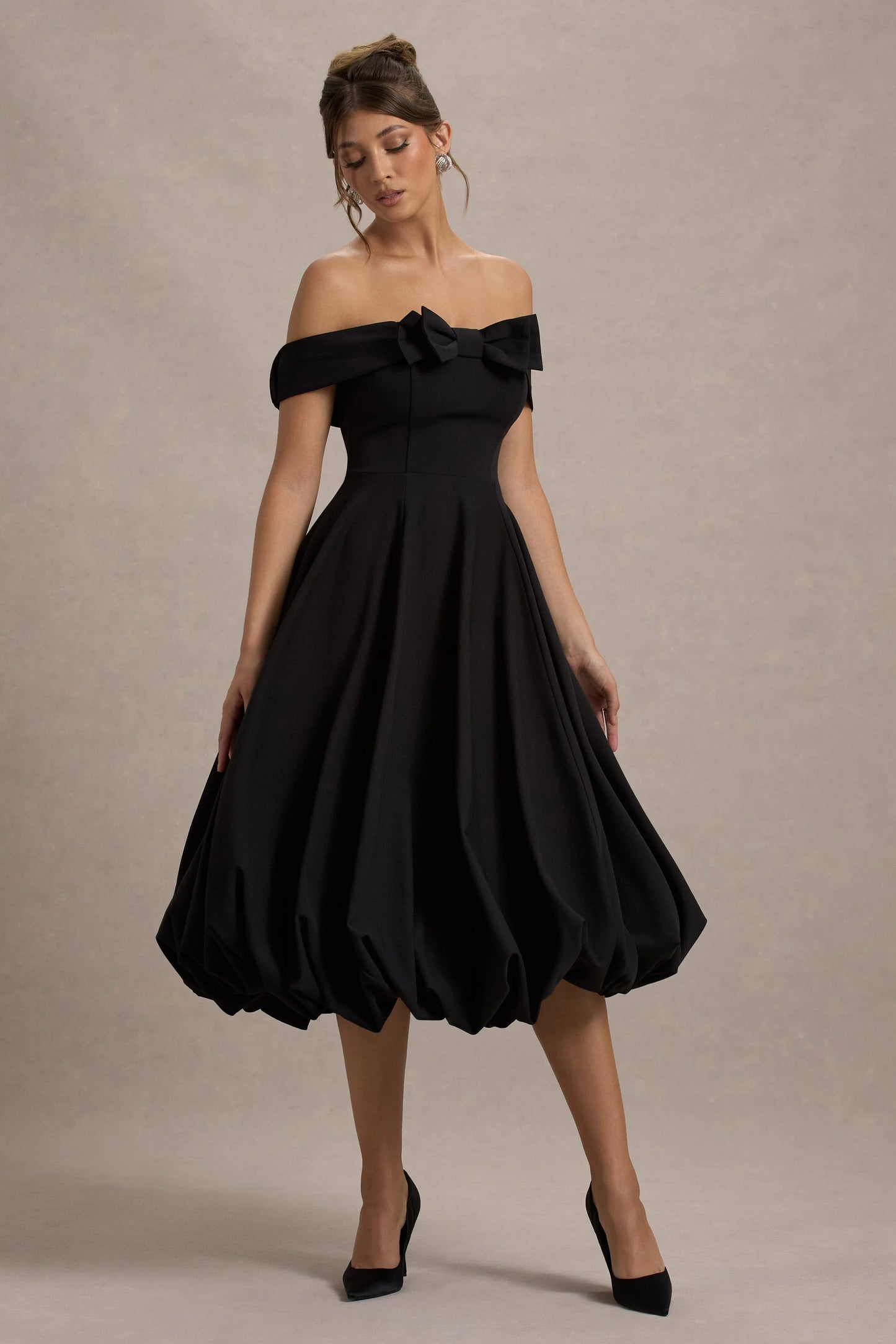 Calliopia Black Bow Bardot Midi Dress With Puff-Ball Skirt