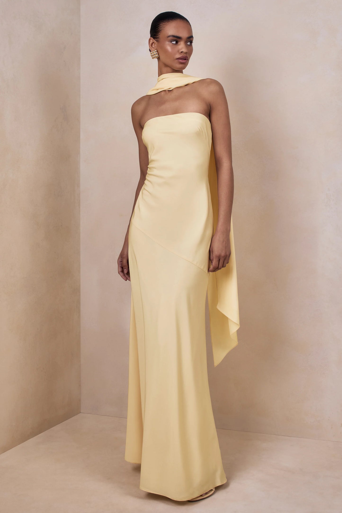 Charly Lemon Matte Satin Bandeau Maxi Dress With Scarf-Detail