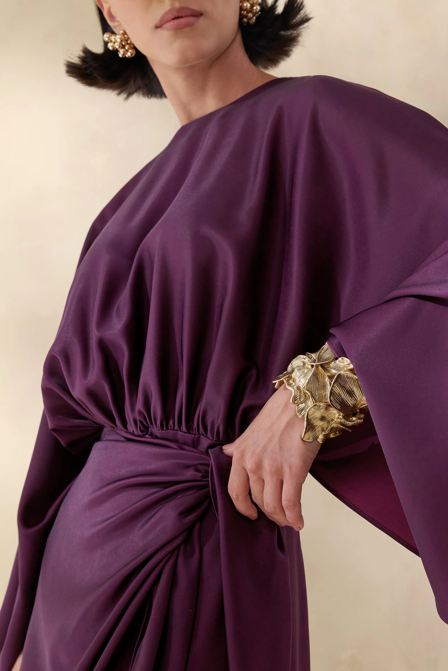 Delphina Plum Satin Maxi Dress With Gathered And Knot-Detail