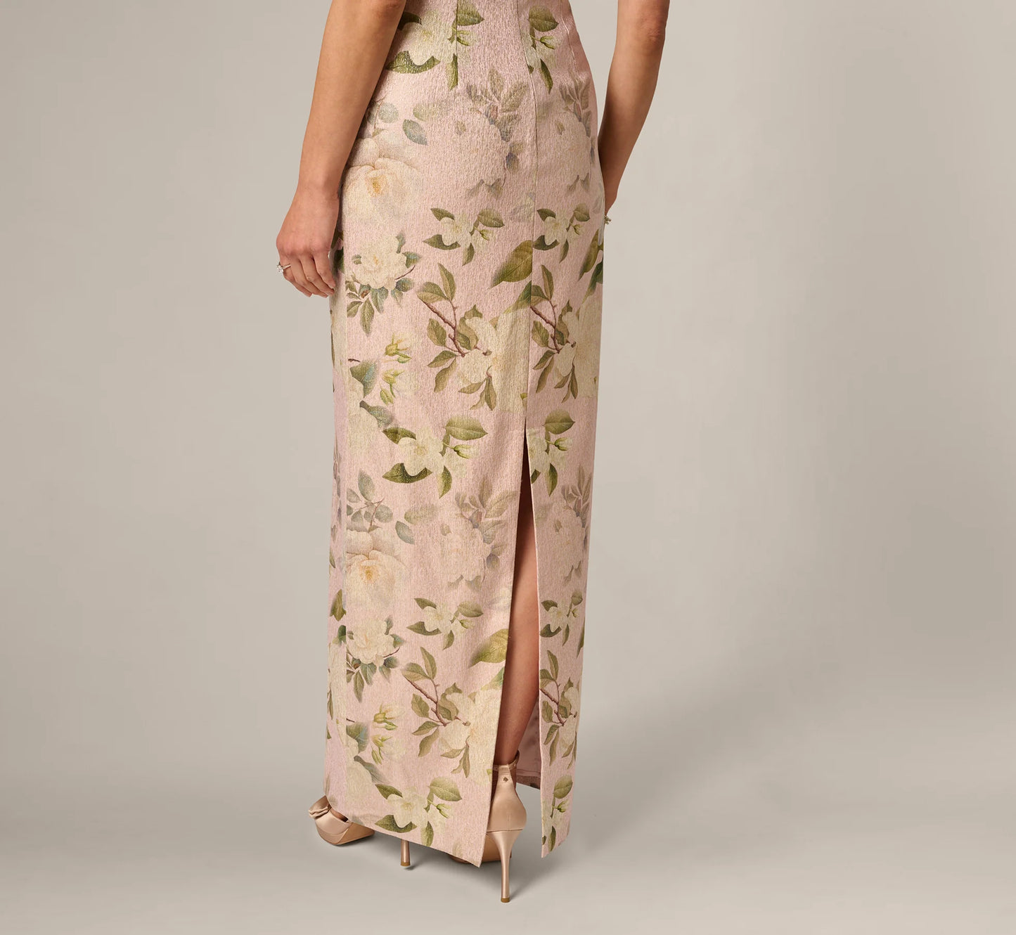 Beaded Square Neck Floral Jacquard Gown In Blush Multi