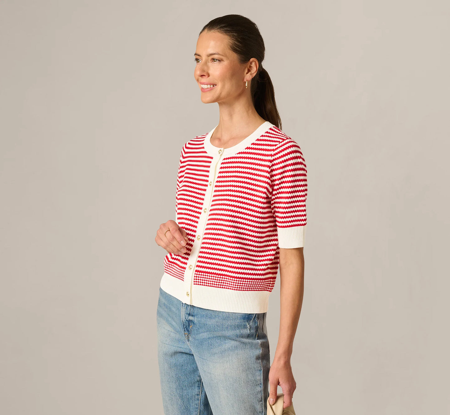 Short Sleeve Metallic Button Cardigan Sweater In Ivory Red