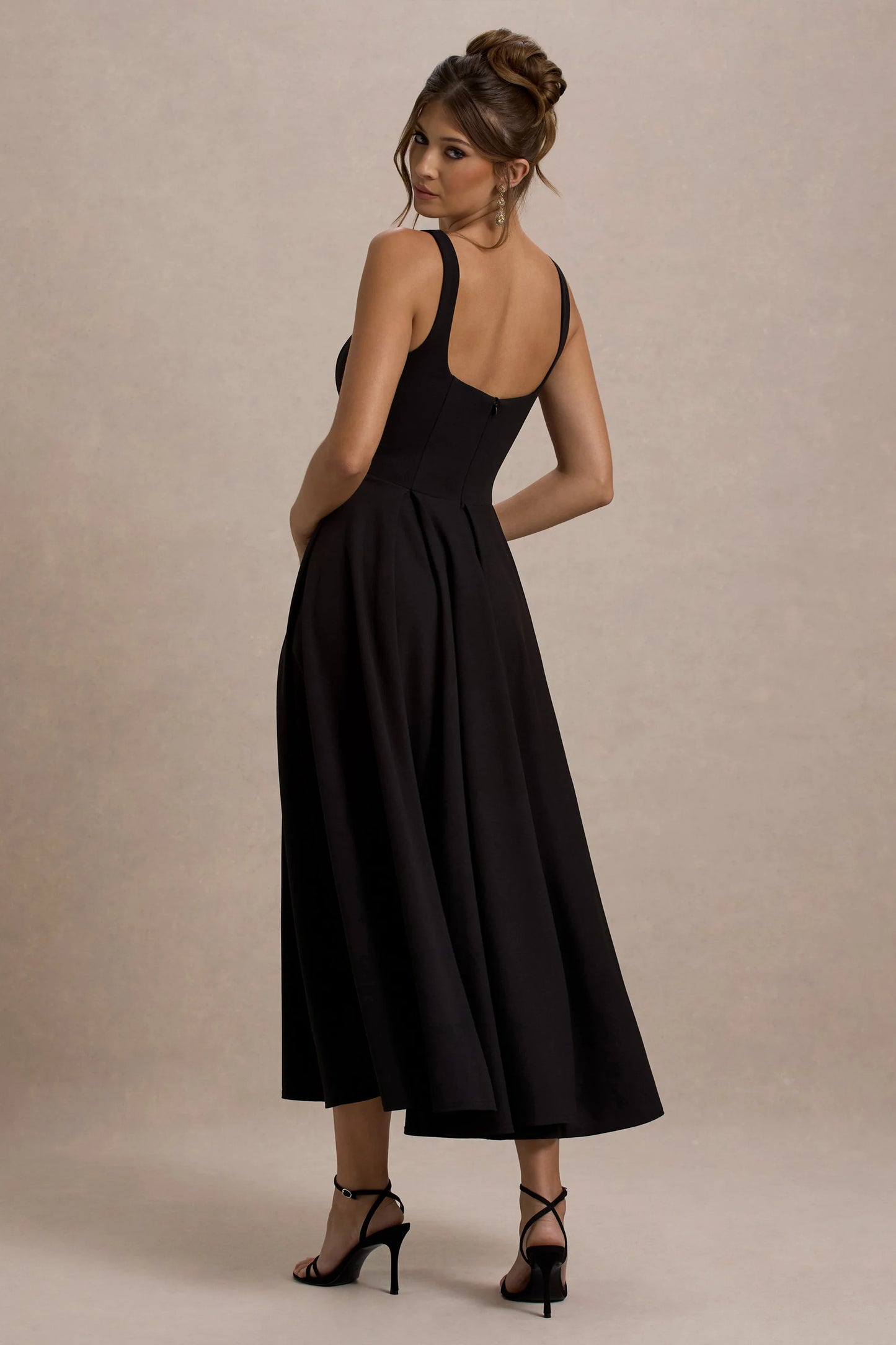Parina Black Strappy Volume-Hem Midi Dress