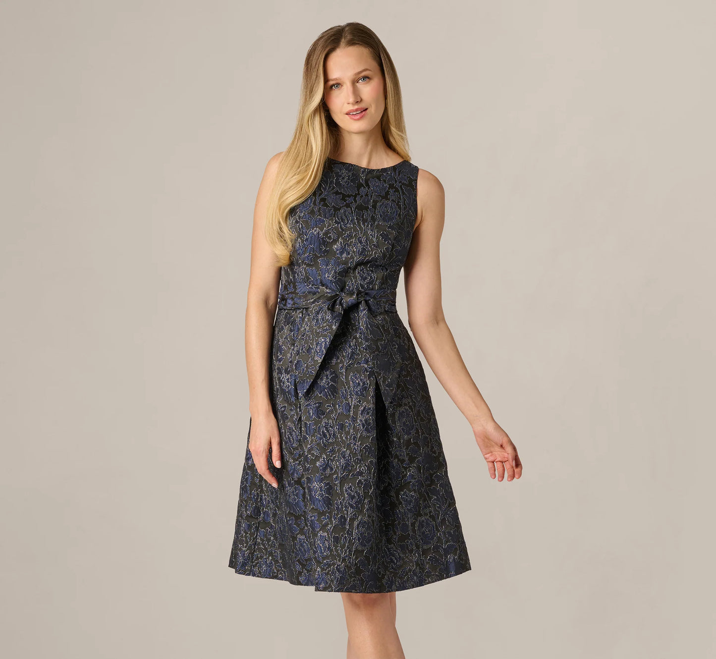 Jacquard Tie Front Fit And Flare Midi Dress In Black Navy