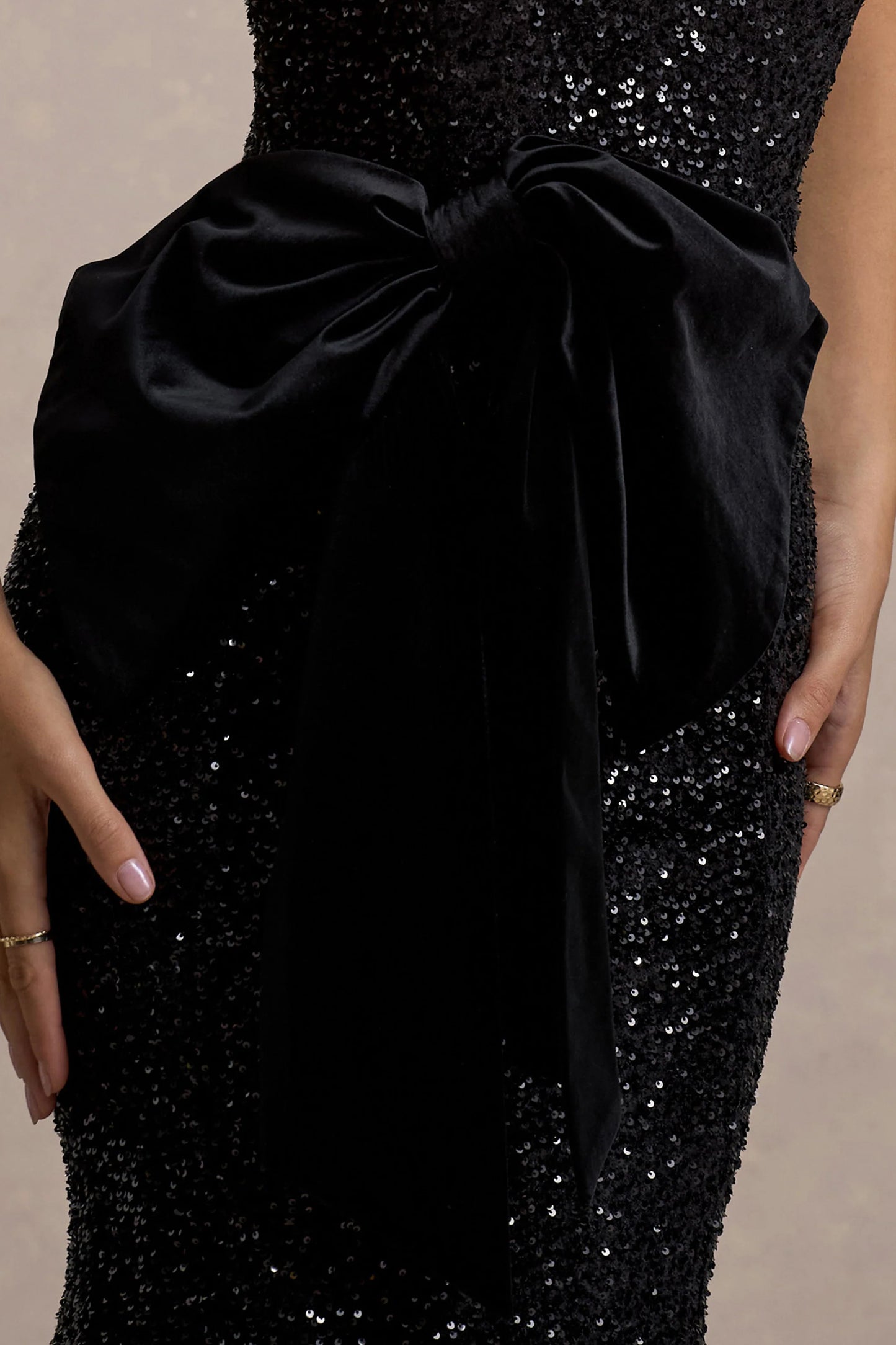 Adee Black Sequin Velvet Halter-Neck Midi Dress With Bow