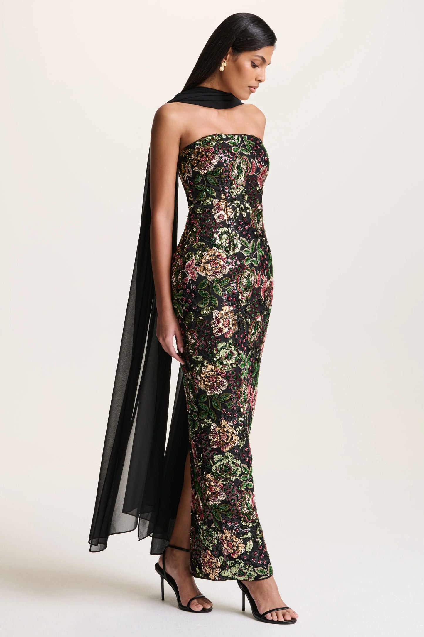 Cora Winter Floral Embellished Mesh Bandeau Maxi Dress With Scarf