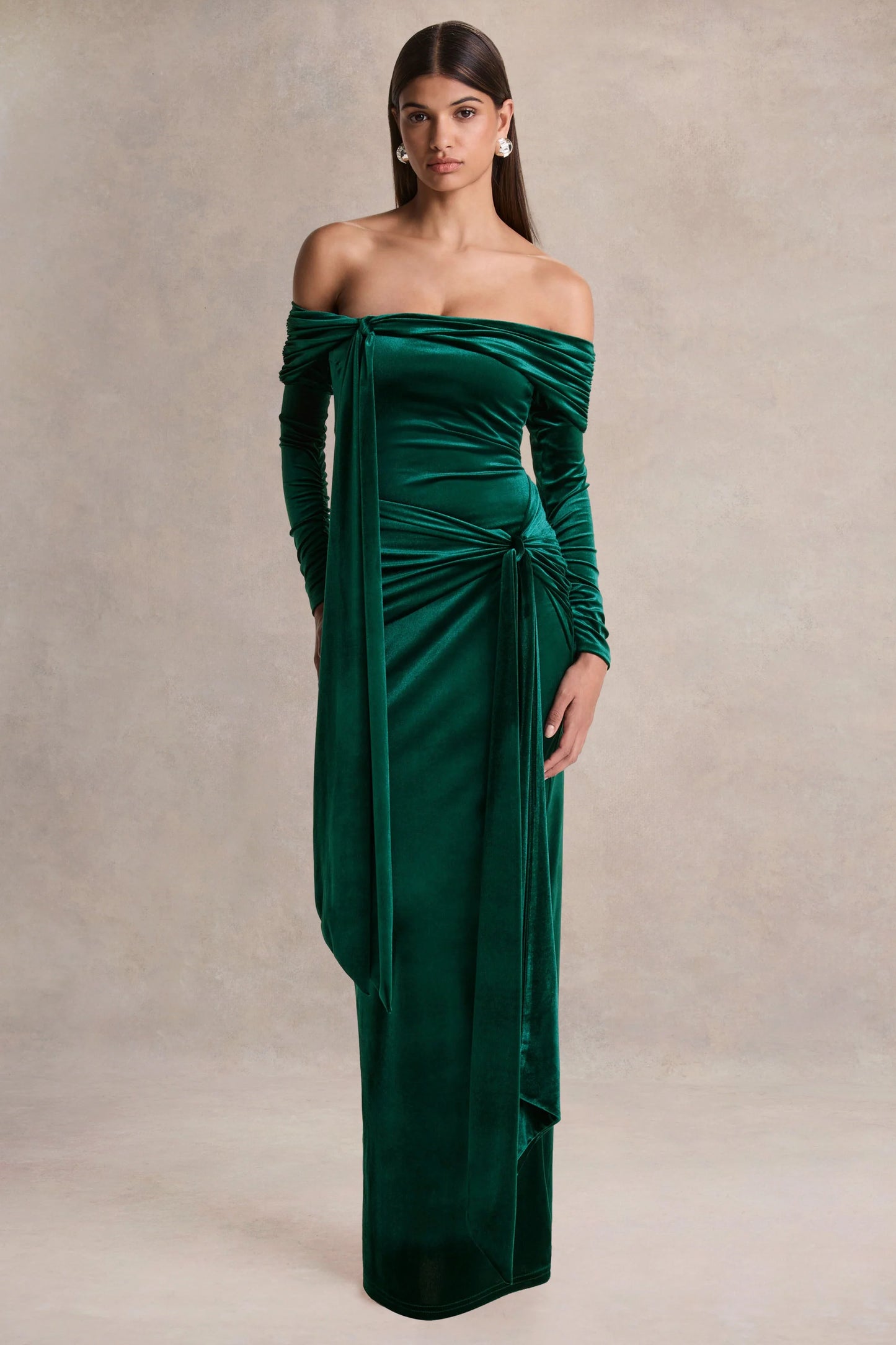 Jessara Bottle Green Bardot-Neck Maxi Dress With Knot-Details