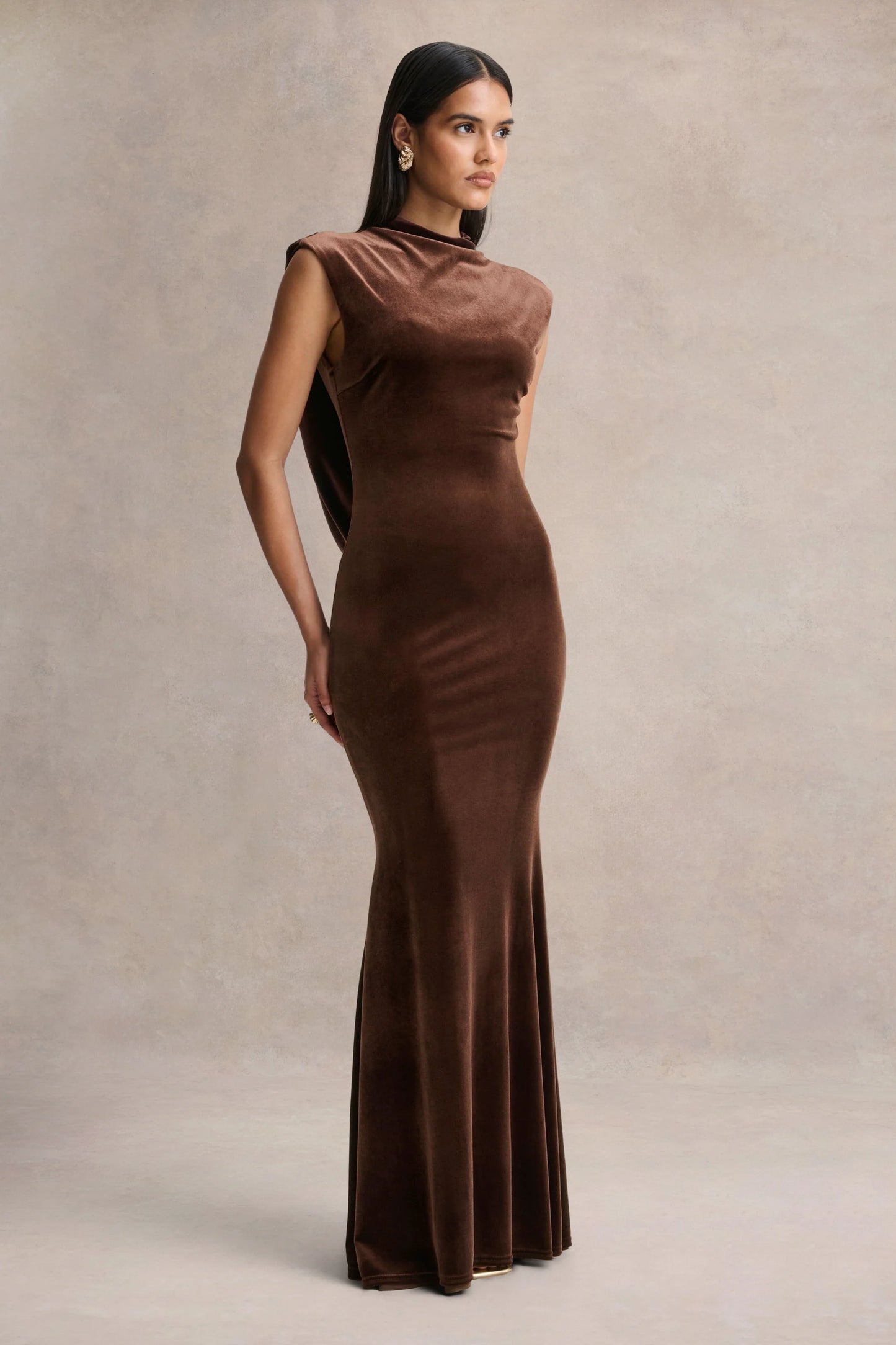 Malora Brown Velvet High-Neck Maxi Dress With Open-Back