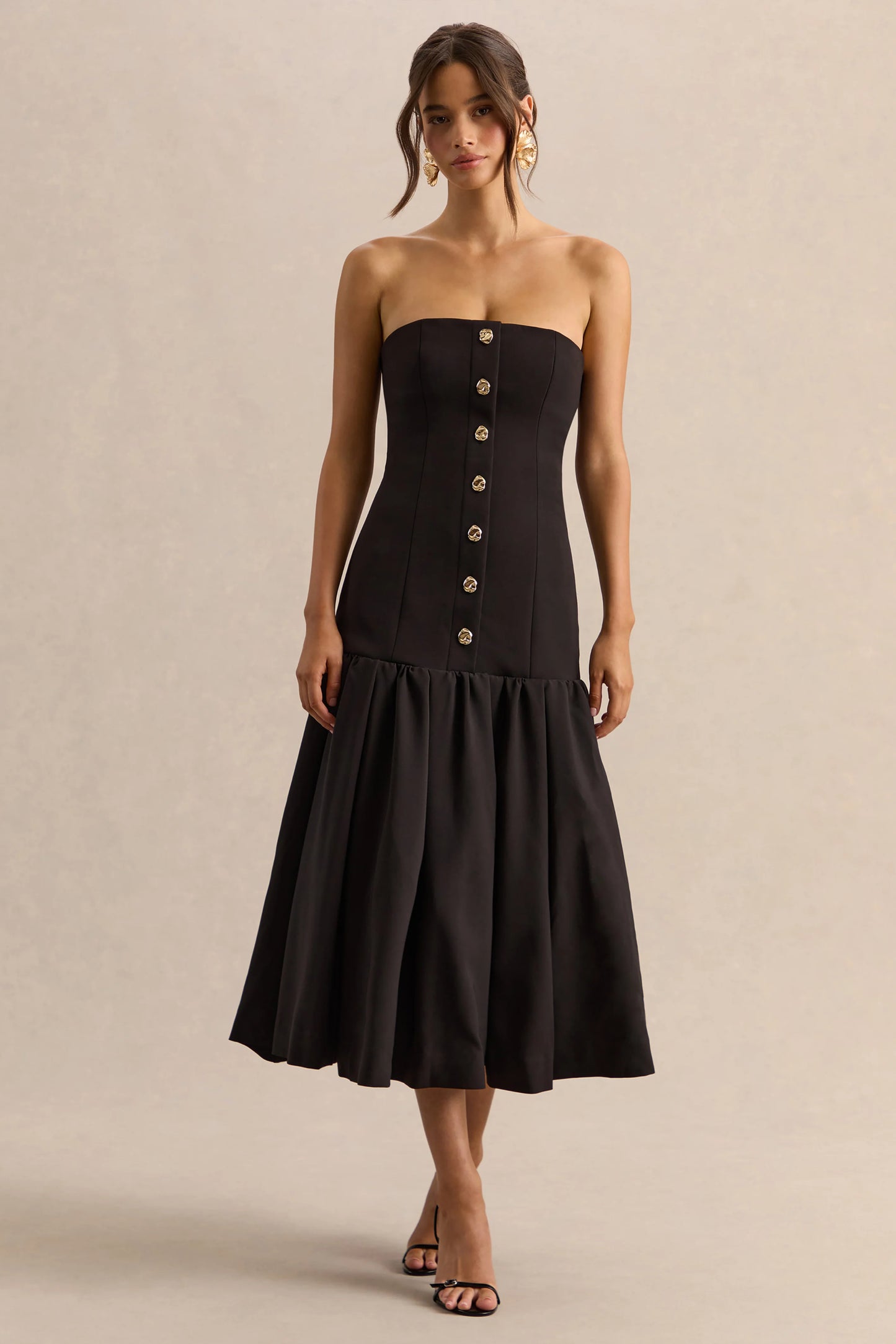 Briella Black Bandeau Midi Dress With Gold-Button Detailing