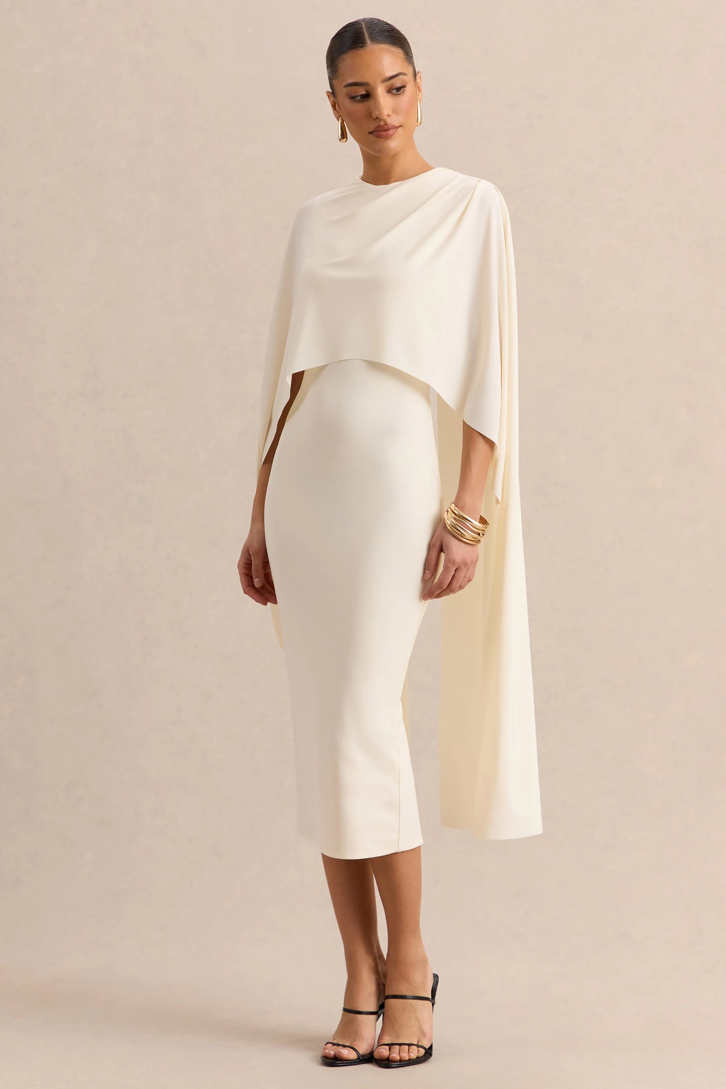 Luxalyn Cream Round-Neck Midi Dress With Cape-Detail