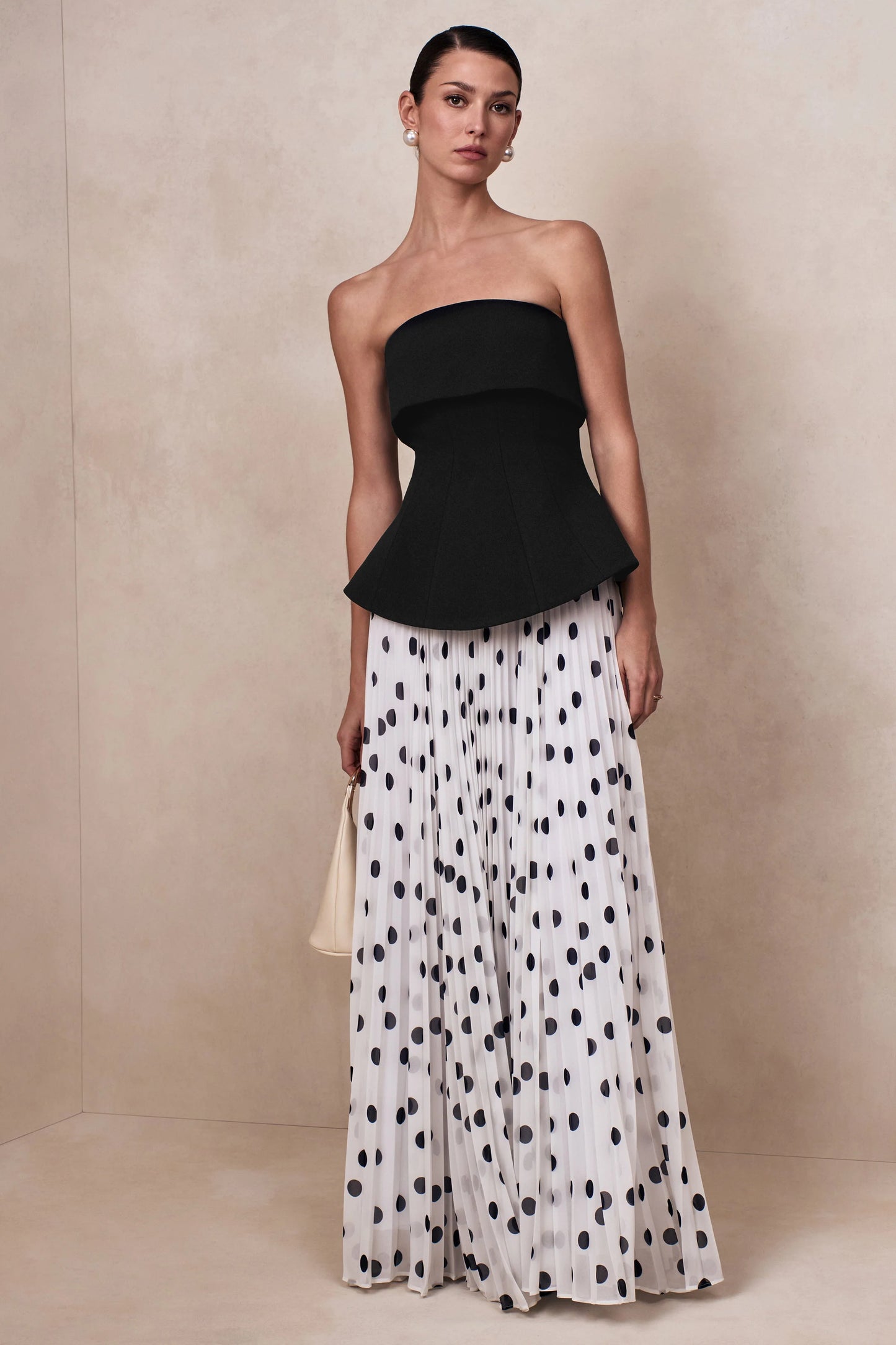 Stellara Black & White Polka Dot Bandeau Corset Maxi Dress With Sheer Skirt