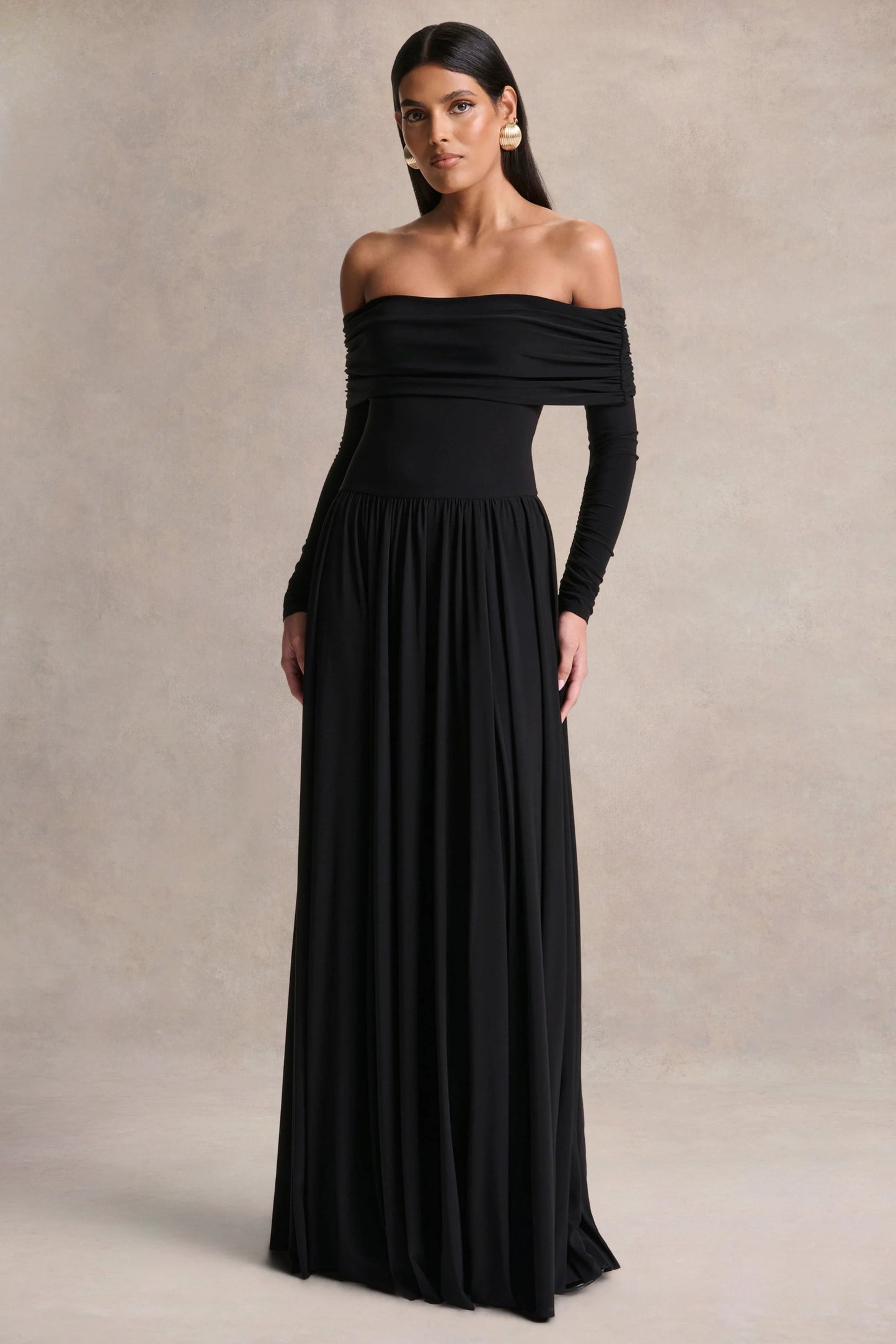 Saskia Black Bardot-Neck Maxi Dress