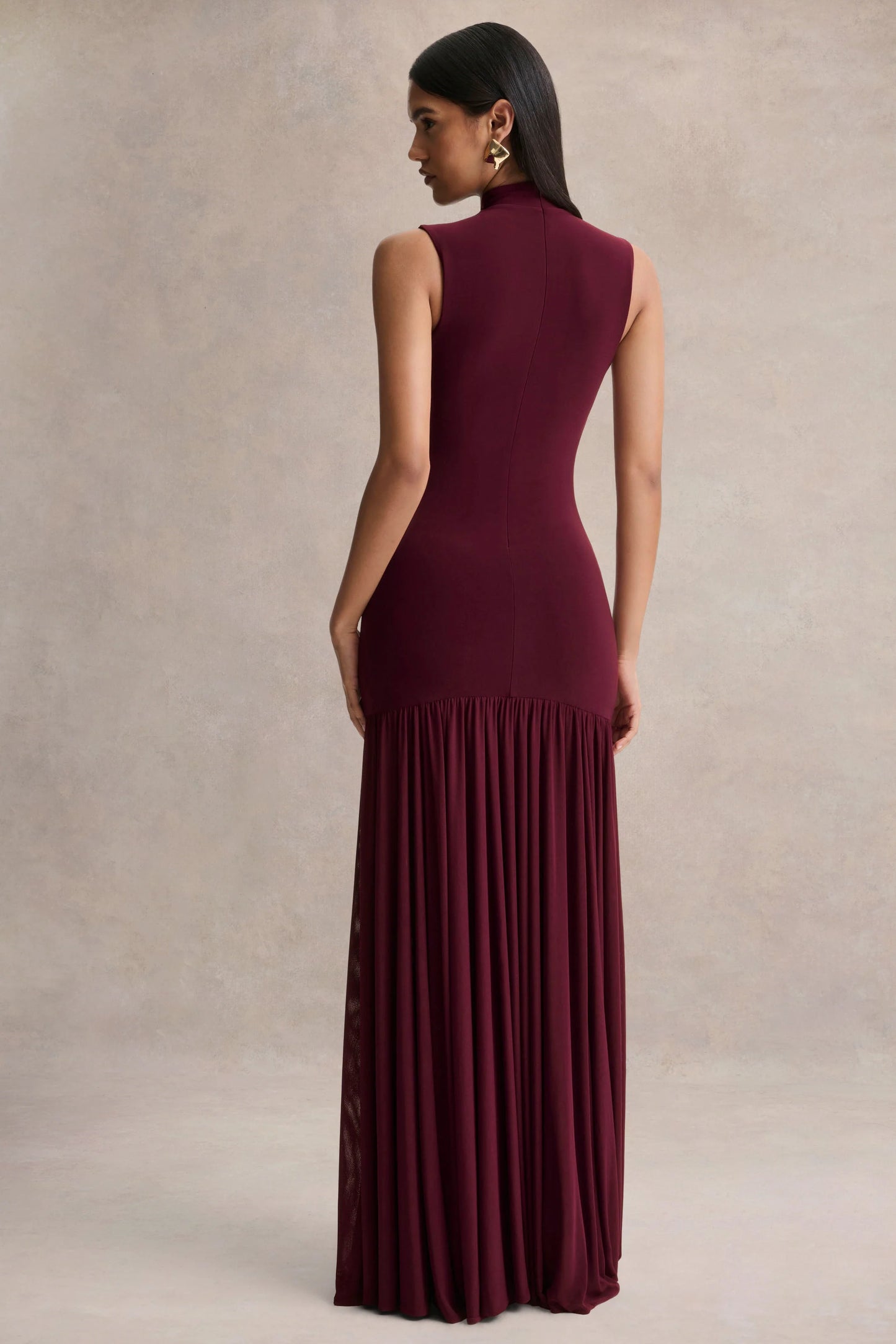 Gigi Burgundy High-Neck Maxi Dress With Drop-Waist And Sheer Skirt
