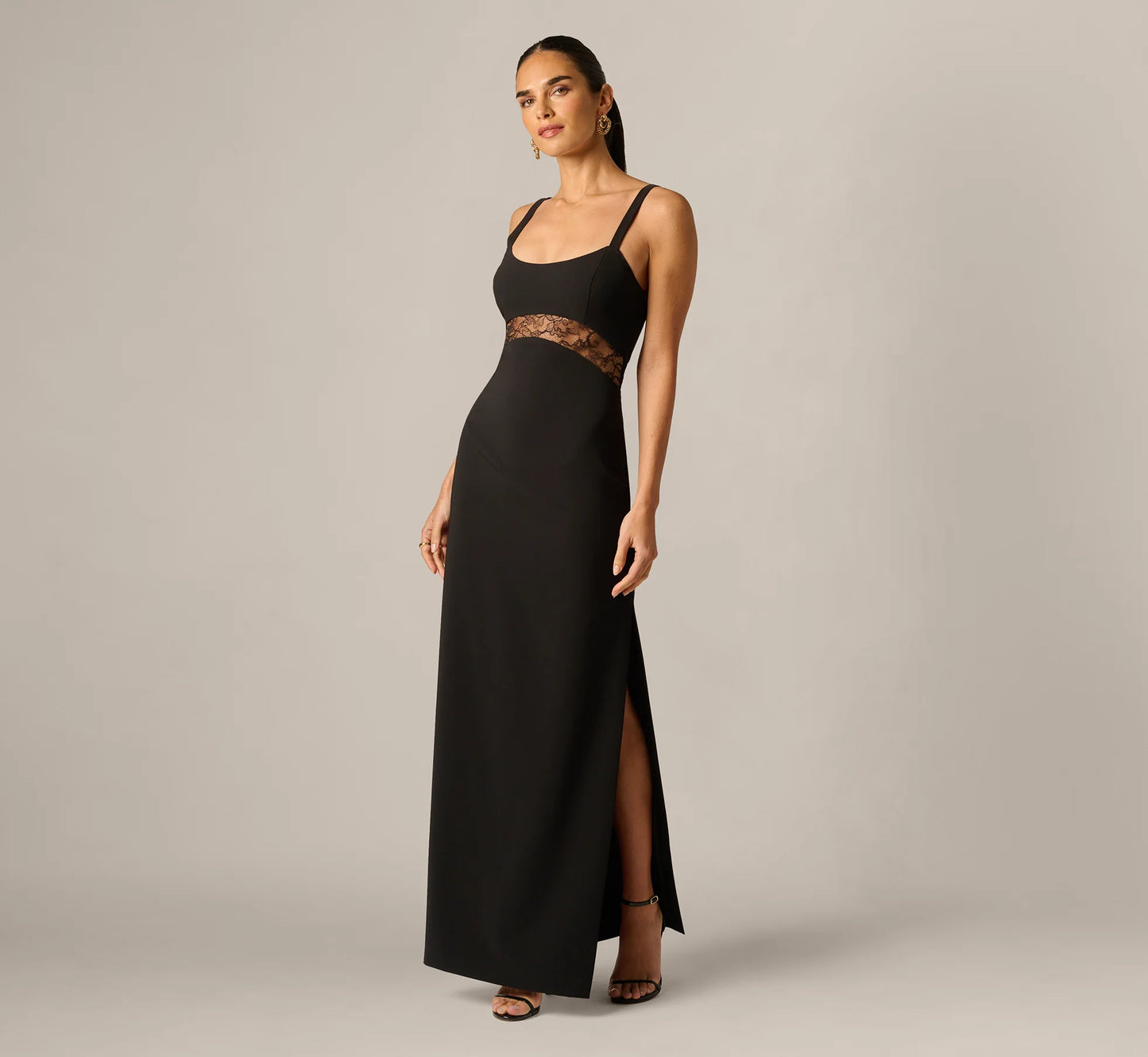 Sleeveless Lace Cutout Column Gown In Black