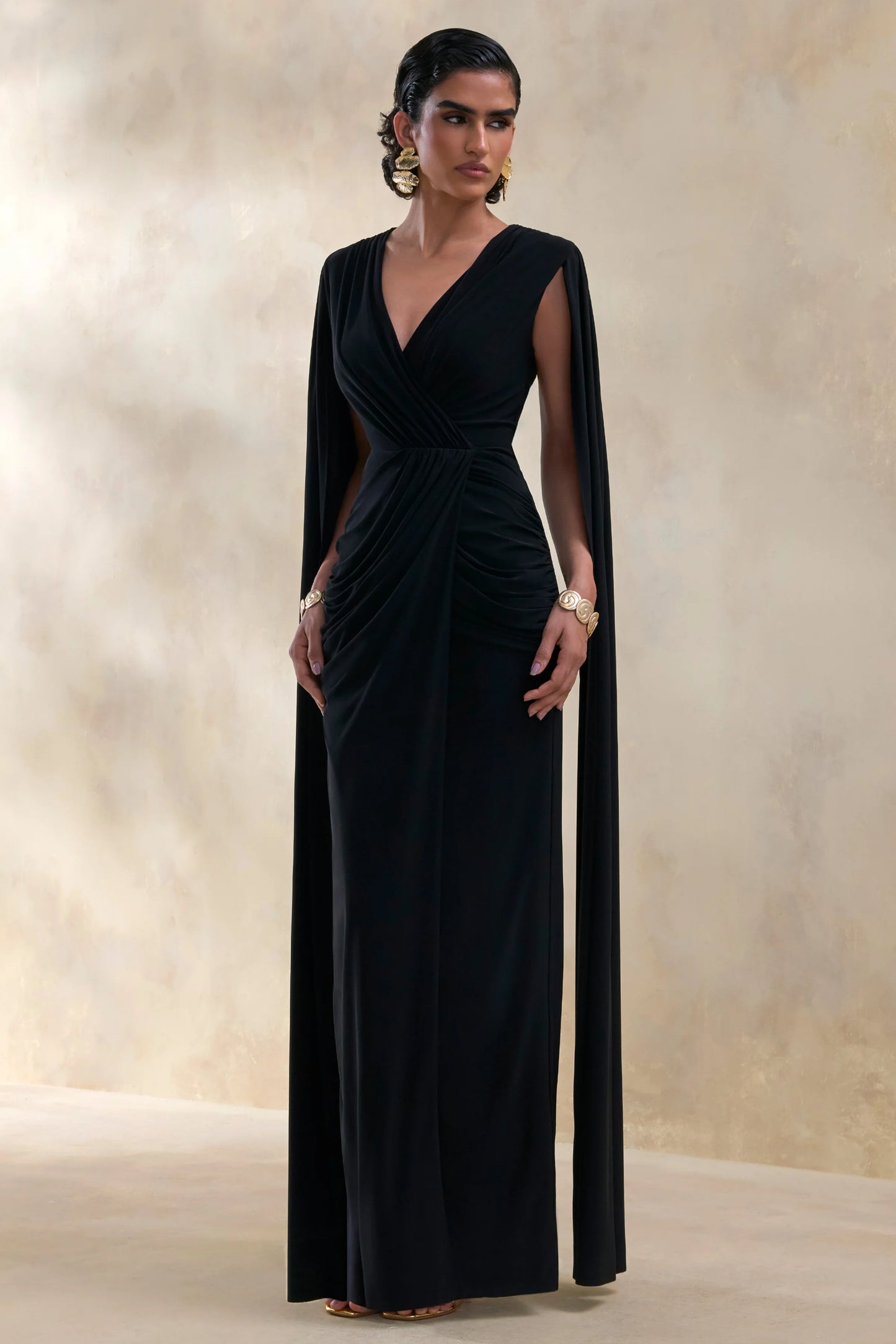 Ulissia Black V-Neck Maxi Dress With Cape-Sleeves