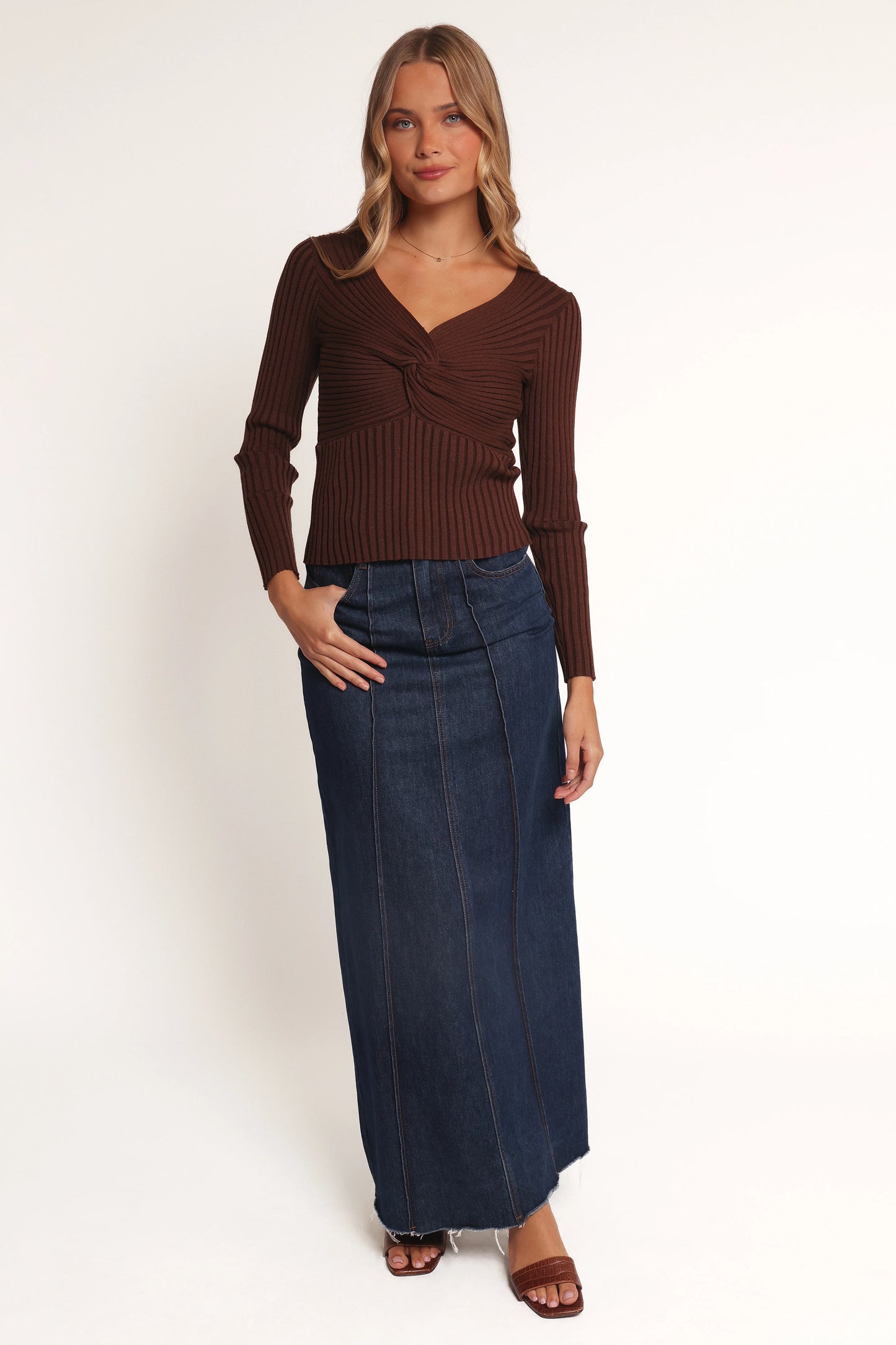 Demi Twist Detail Knit Top - Brown