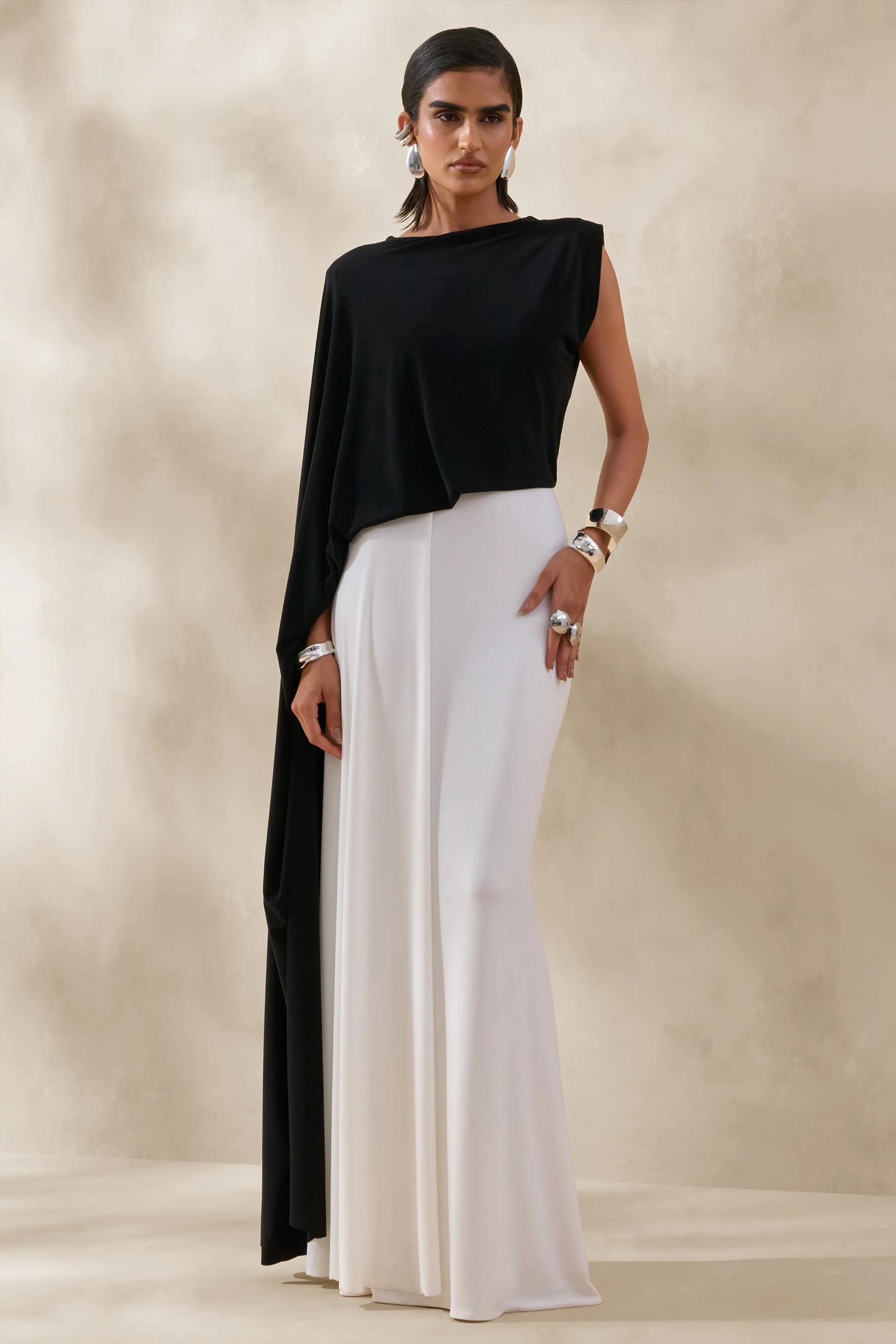 Carenza Black & White Wide-Neck Maxi Dress With Cape-Sleeve