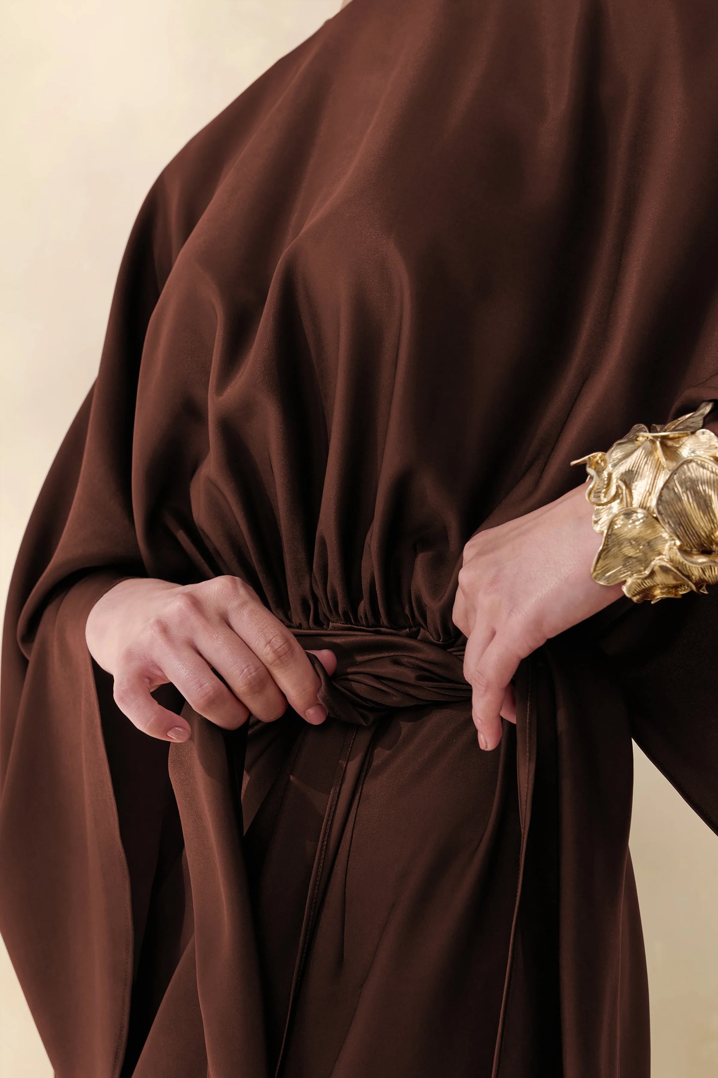 Delphina Brown Satin Maxi Dress With Gathered And Knot-Detail