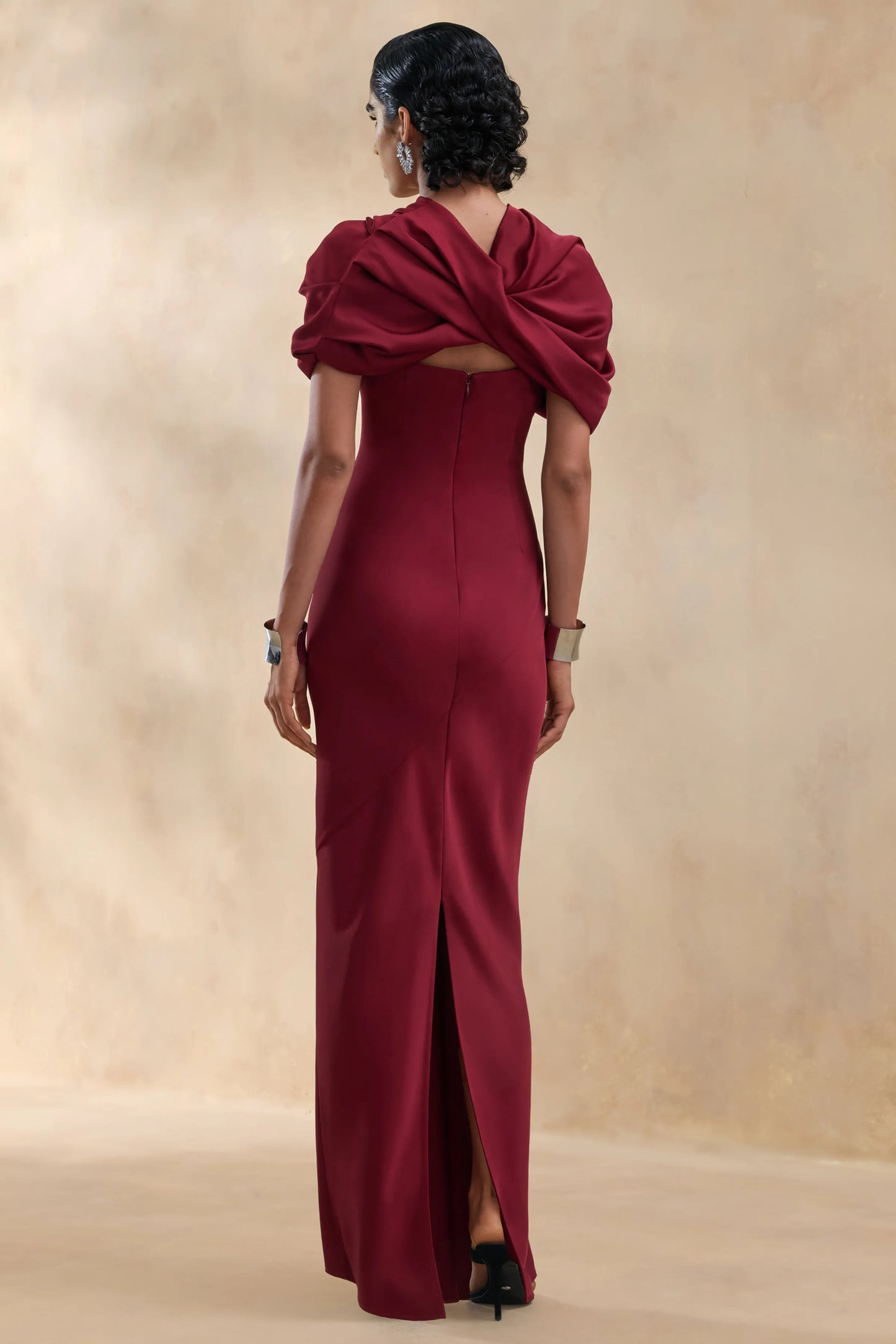 Yoli Burgundy Satin Maxi Dress With Removable Twist-Cape