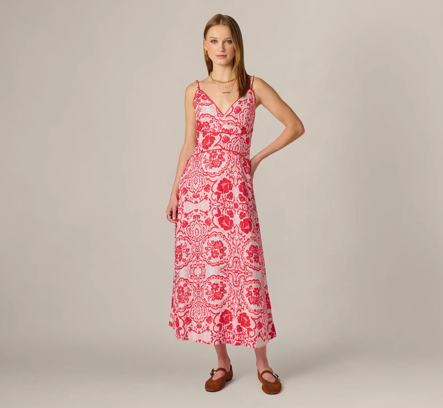 Crochet Trim Ikat Print Midi Sundress In Red Blue