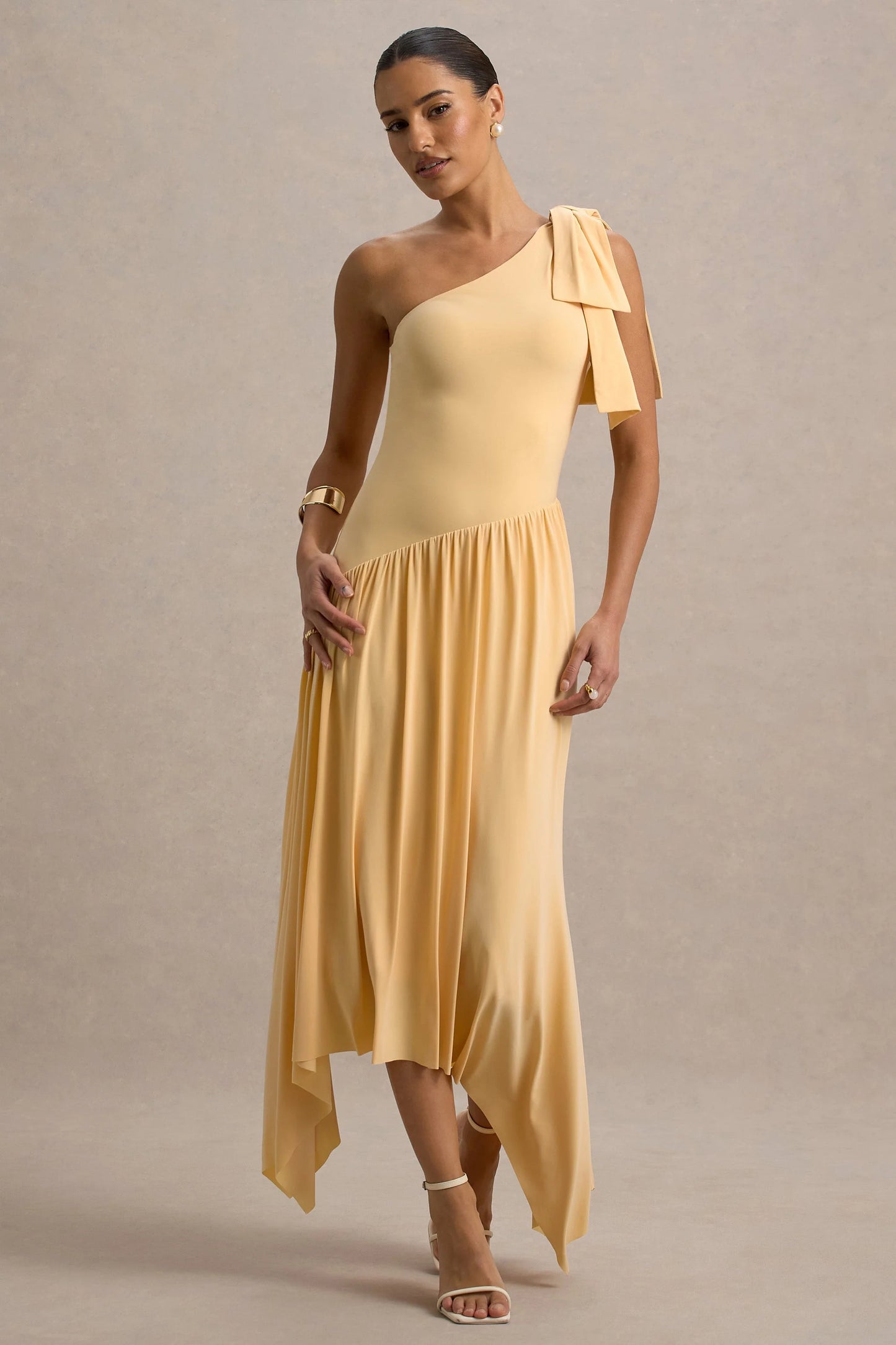 Lotus Love Orange One-Shoulder Hanky-Hem Maxi Dress With Bow