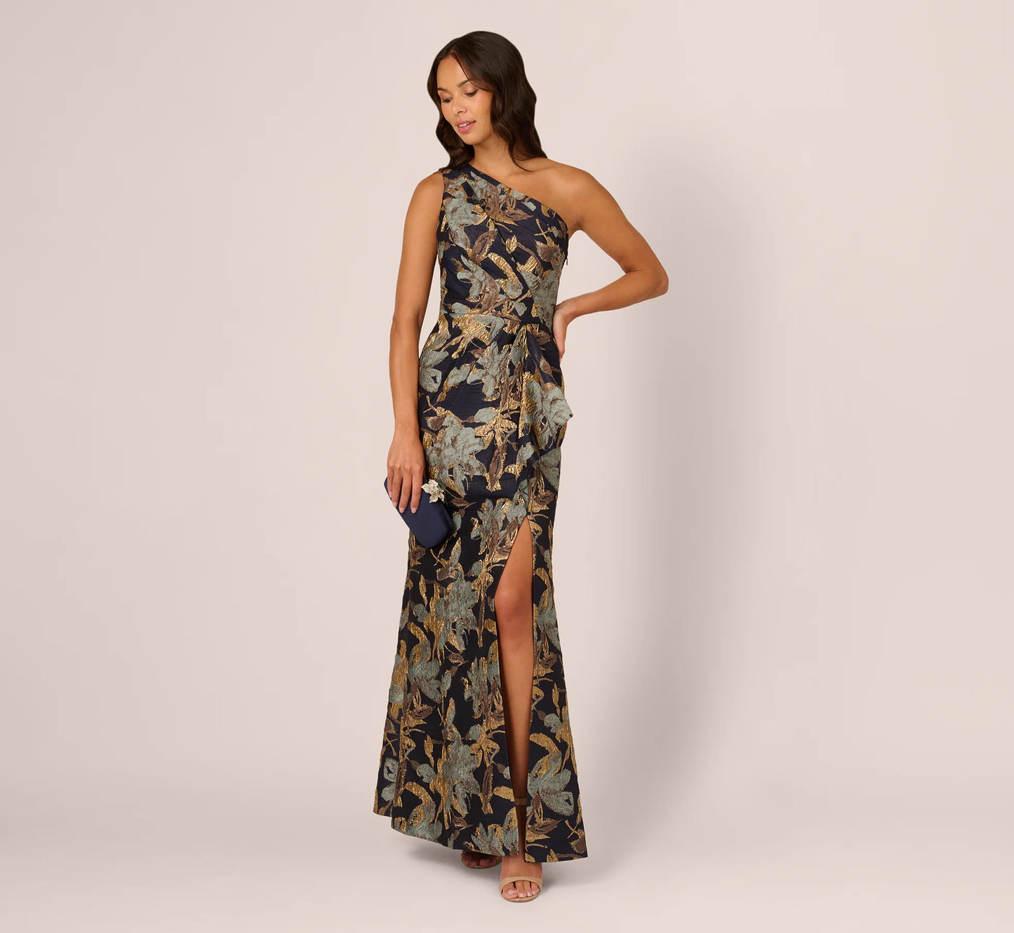 One Shoulder Jacquard Dress In Blue Gold