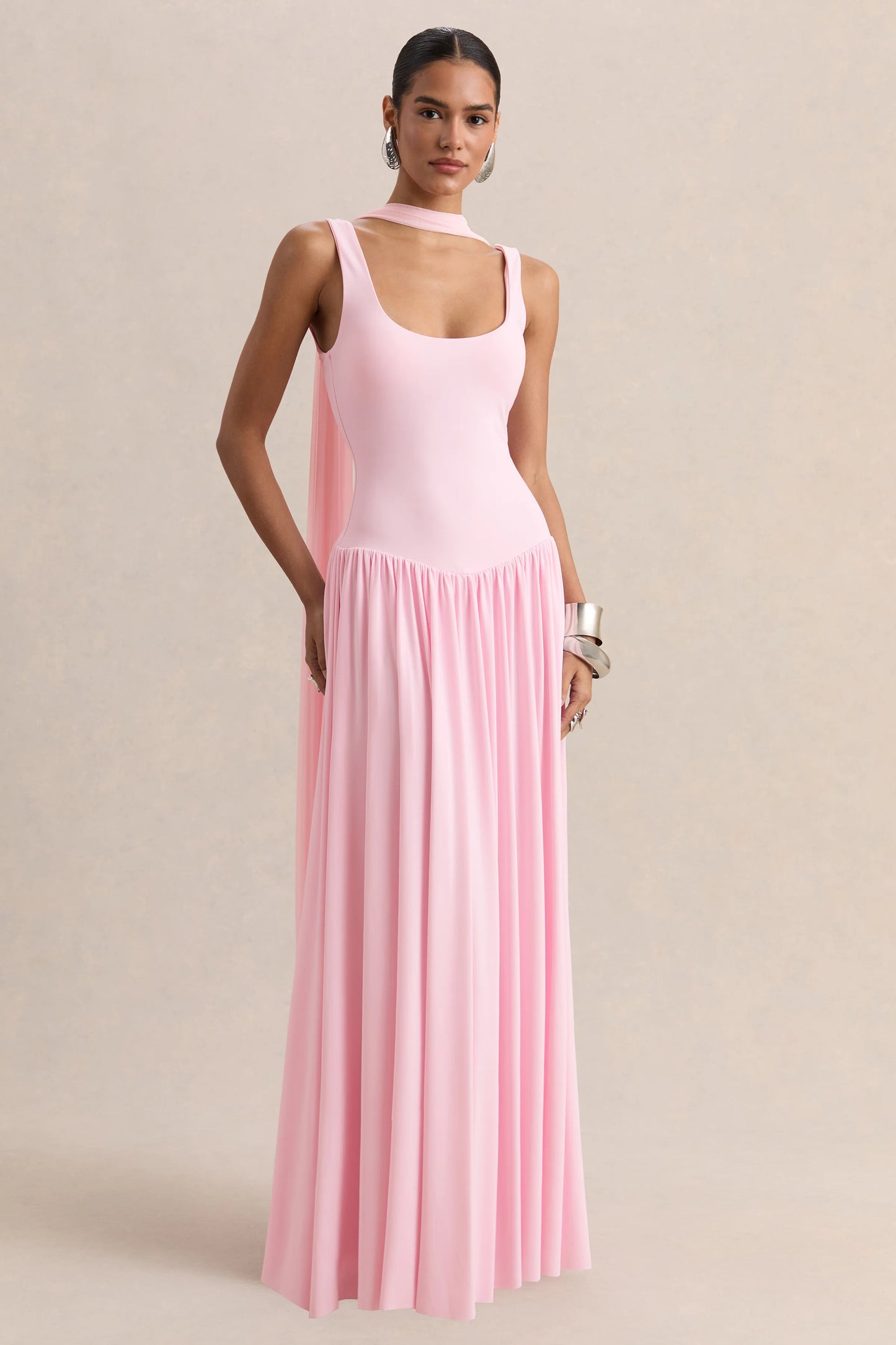 Aurina Pink Square-Neck Maxi Dress With Scarf-Detail